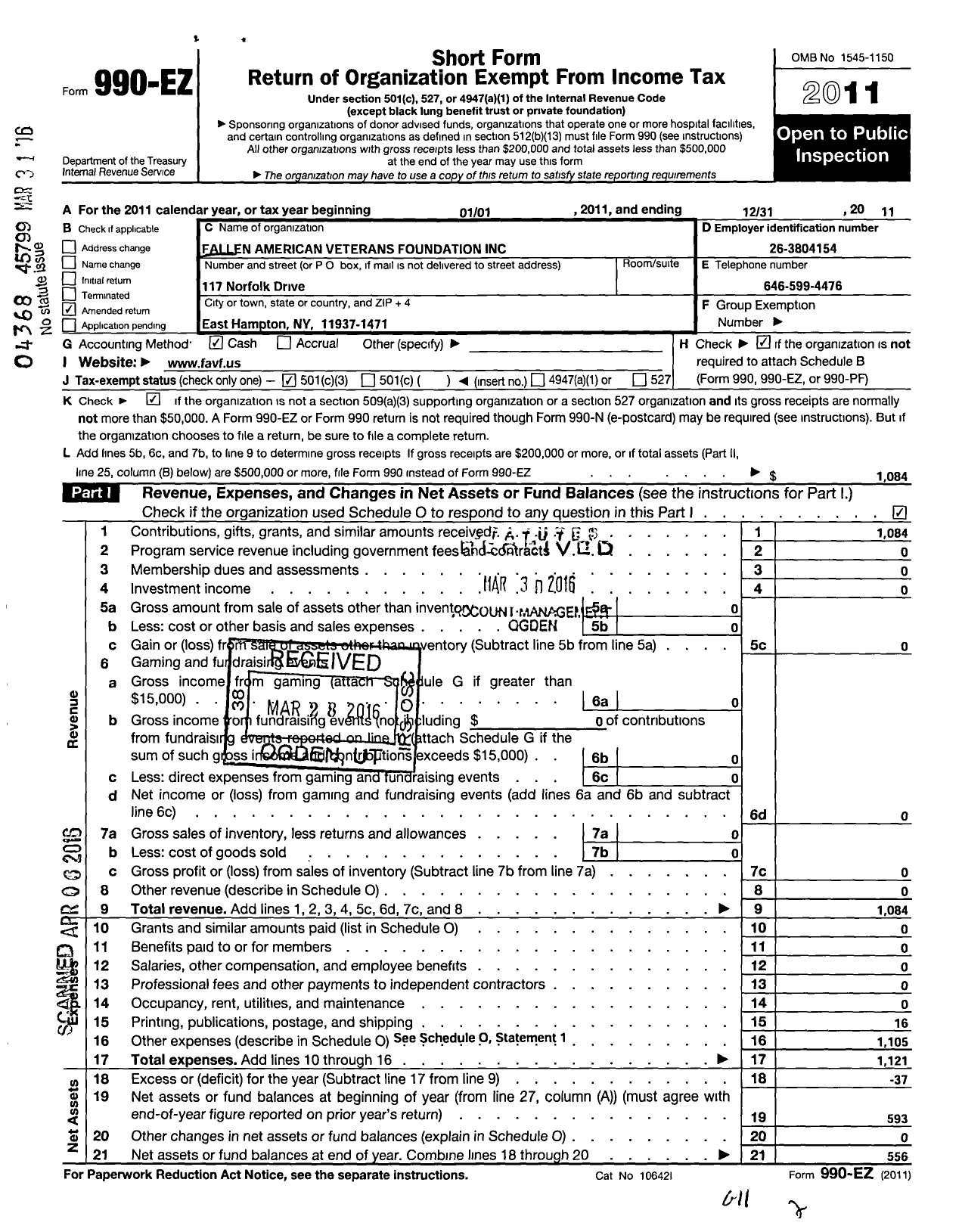 Image of first page of 2011 Form 990EZ for Fallen American Veterans Foundation