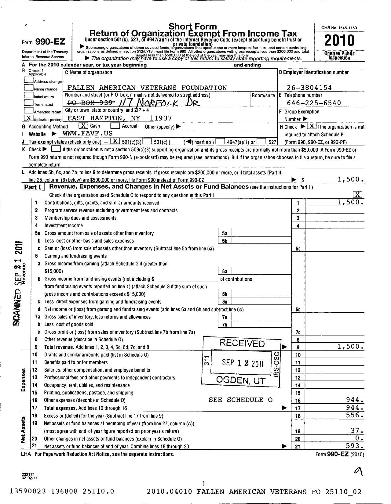 Image of first page of 2010 Form 990EZ for Fallen American Veterans Foundation