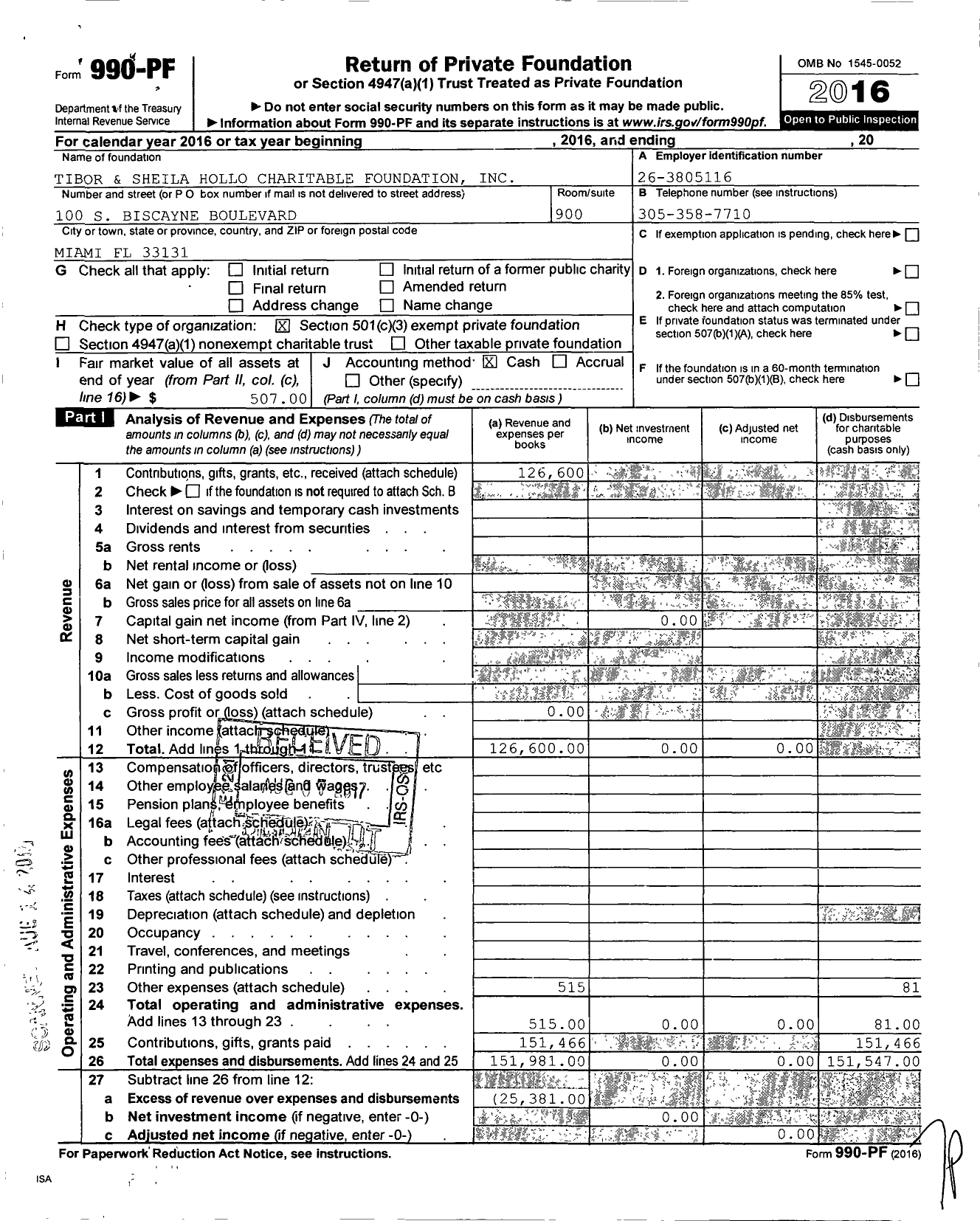 Image of first page of 2016 Form 990PF for Tibor & Sheila Hollo Charitable Foundation