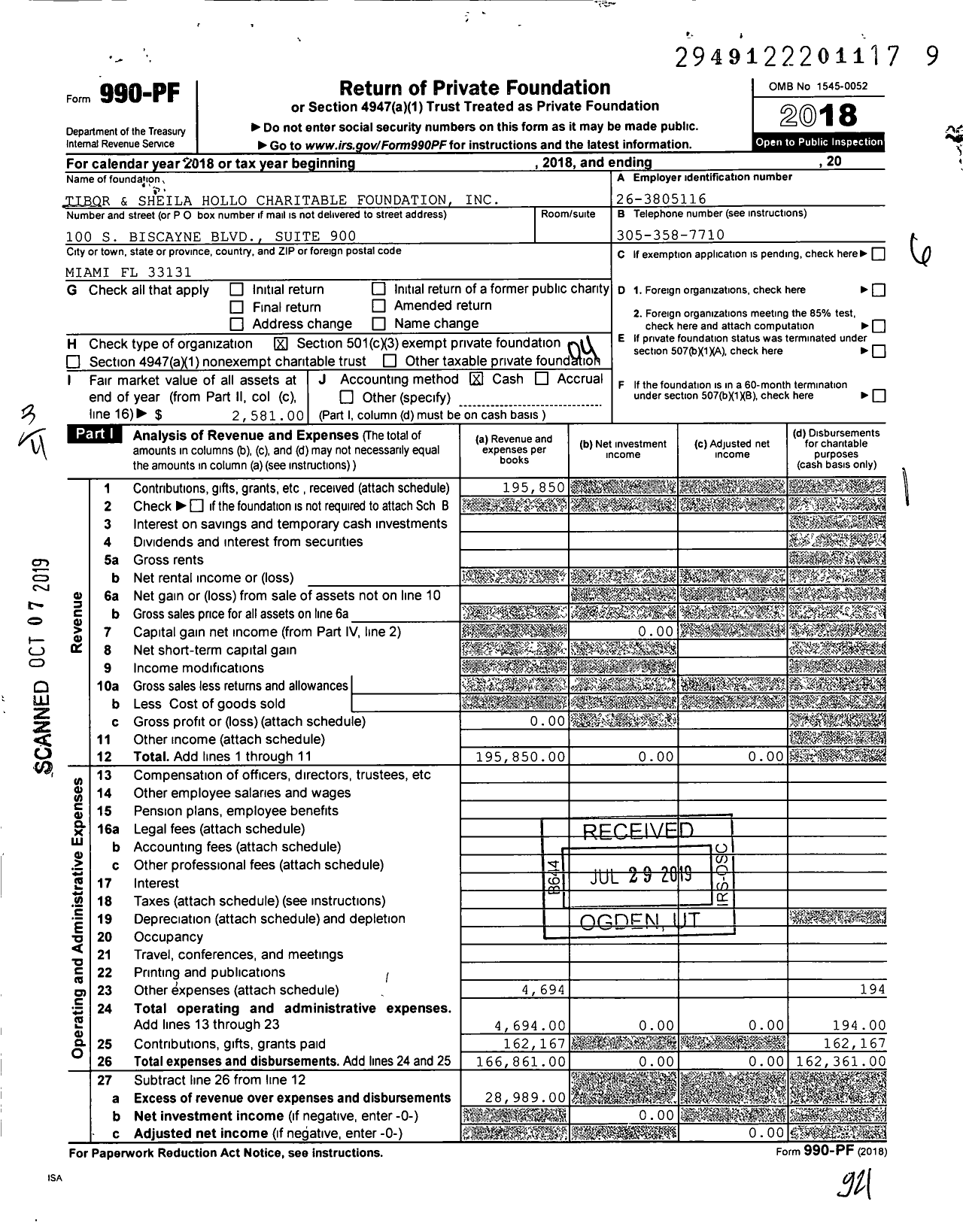 Image of first page of 2018 Form 990PF for Tibor & Sheila Hollo Charitable Foundation