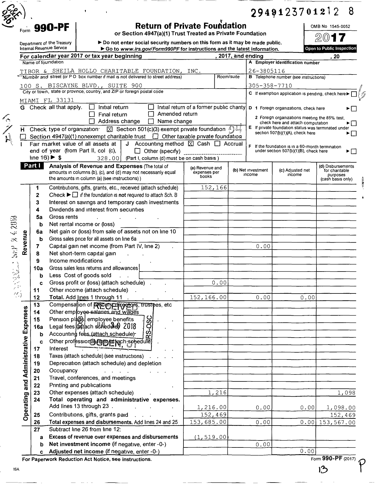 Image of first page of 2017 Form 990PF for Tibor & Sheila Hollo Charitable Foundation