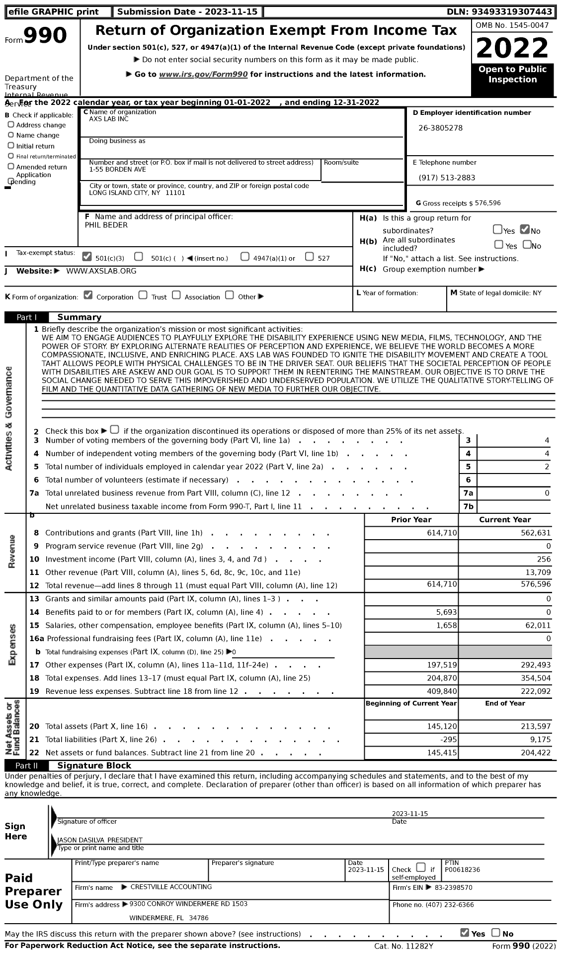 Image of first page of 2022 Form 990 for AXS Lab