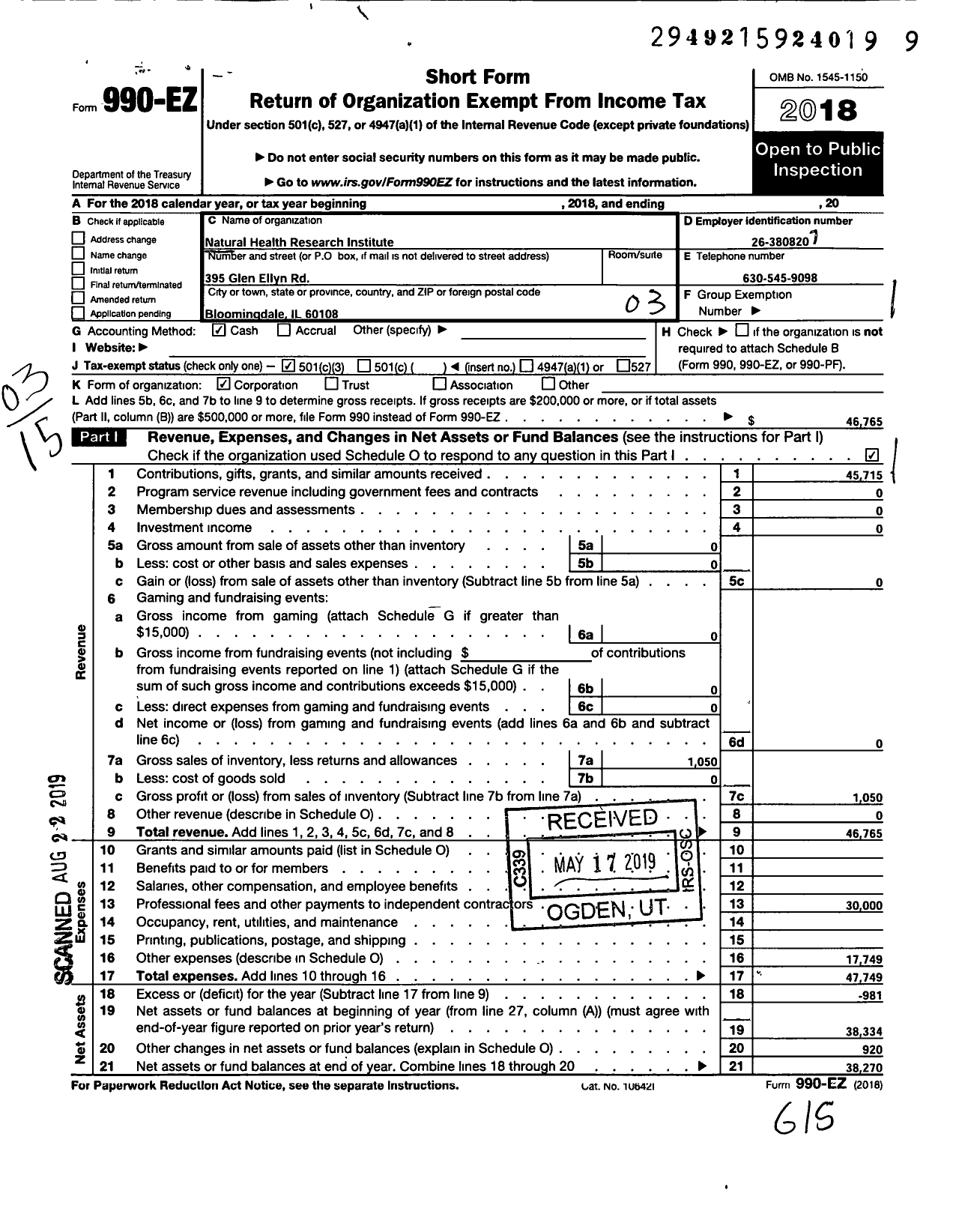 Image of first page of 2018 Form 990EZ for Natural Health Research Institute