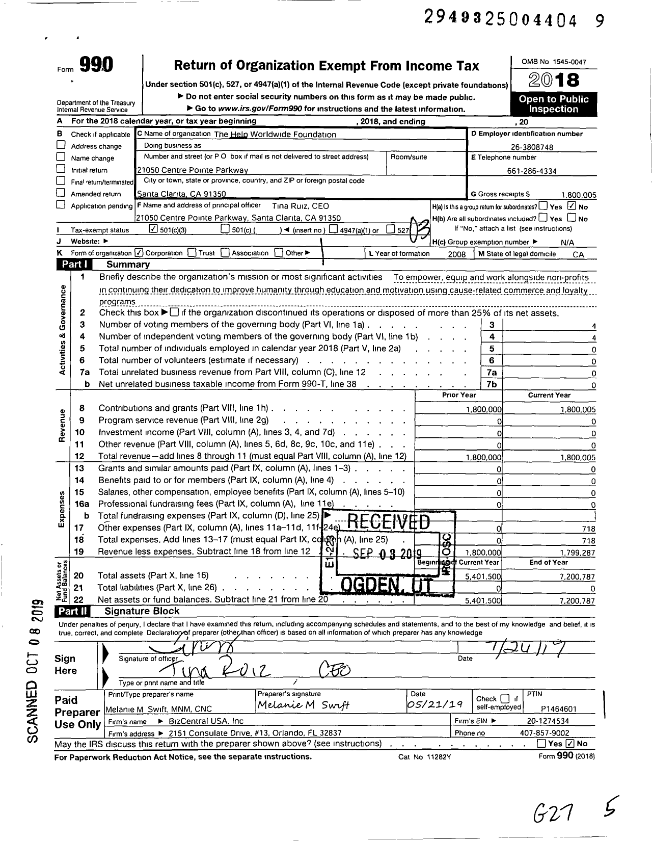 Image of first page of 2018 Form 990 for Help Worldwide Foundation