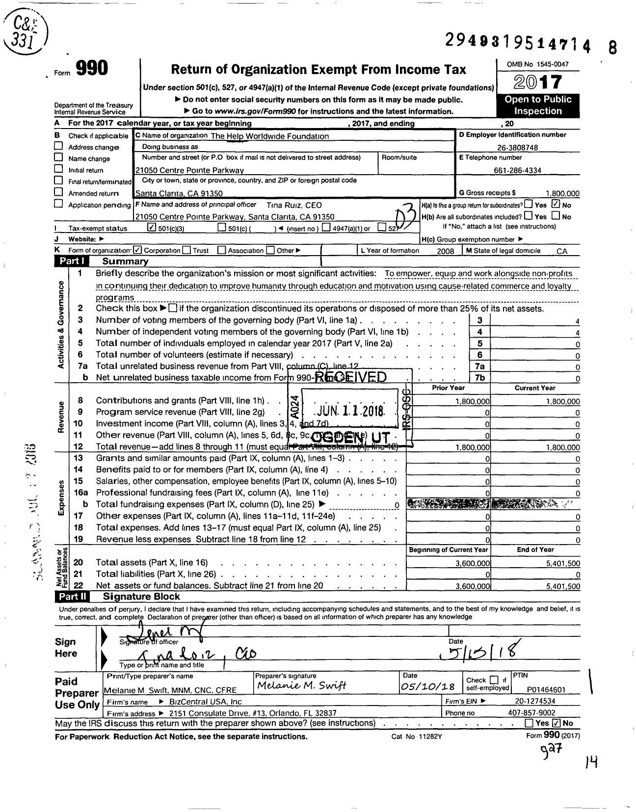 Image of first page of 2017 Form 990 for Help Worldwide Foundation