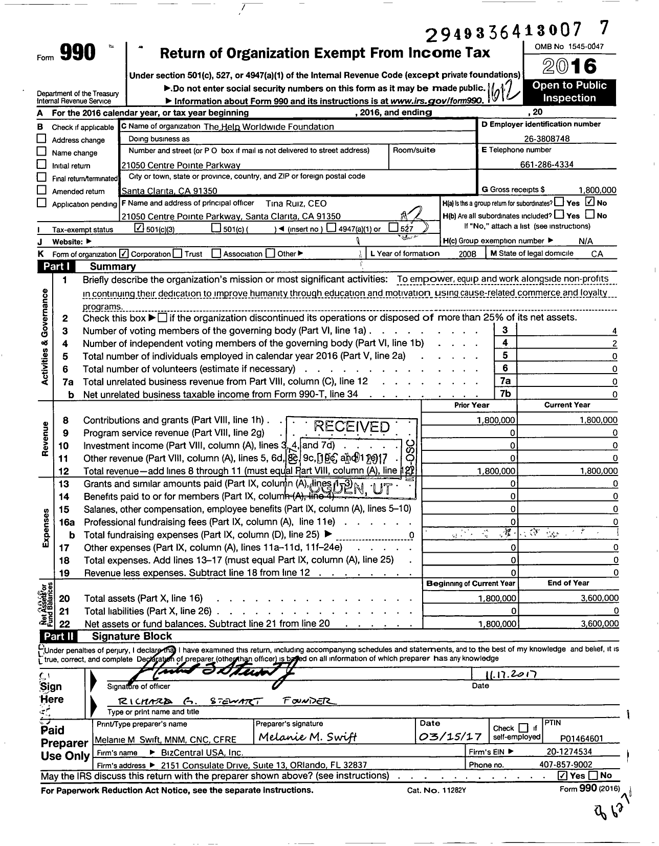 Image of first page of 2016 Form 990 for Help Worldwide Foundation