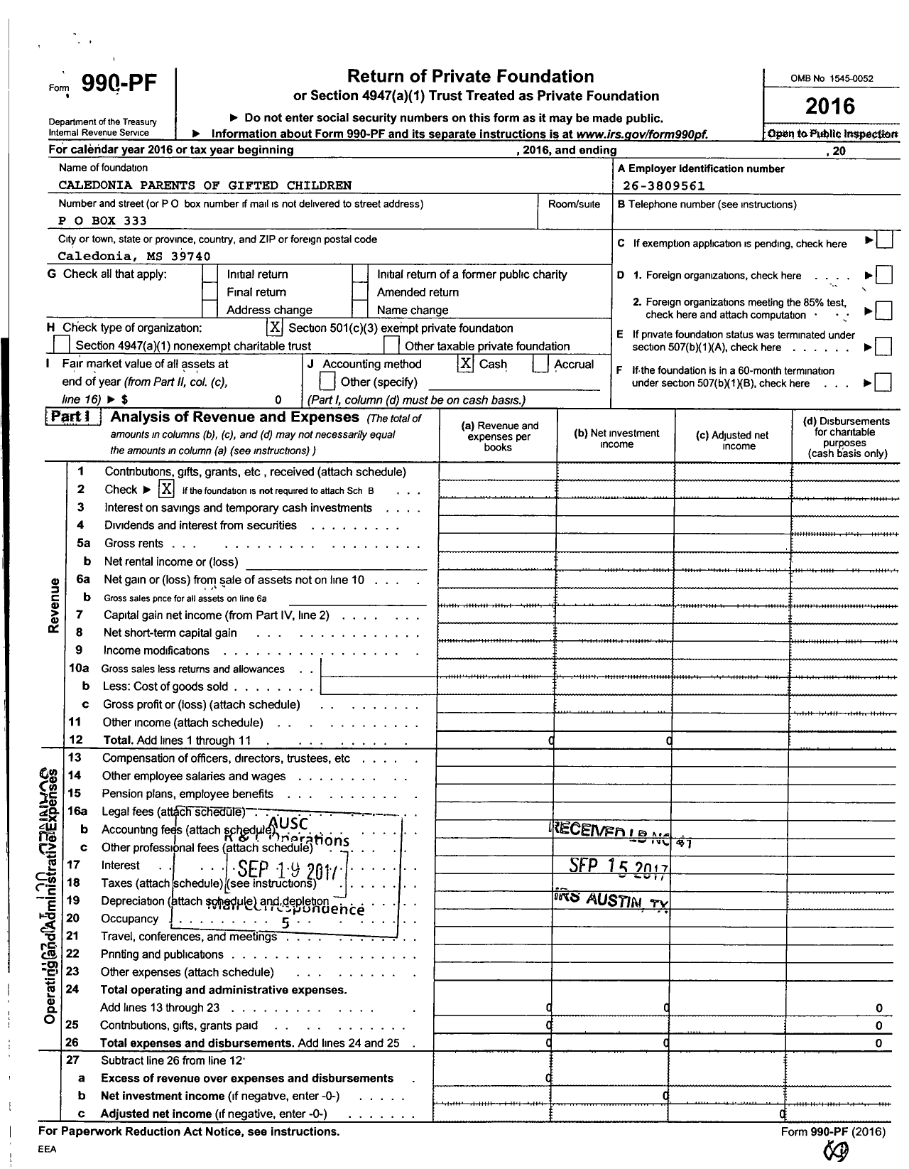 Image of first page of 2016 Form 990PF for Caledonia Parents of Gifted Children