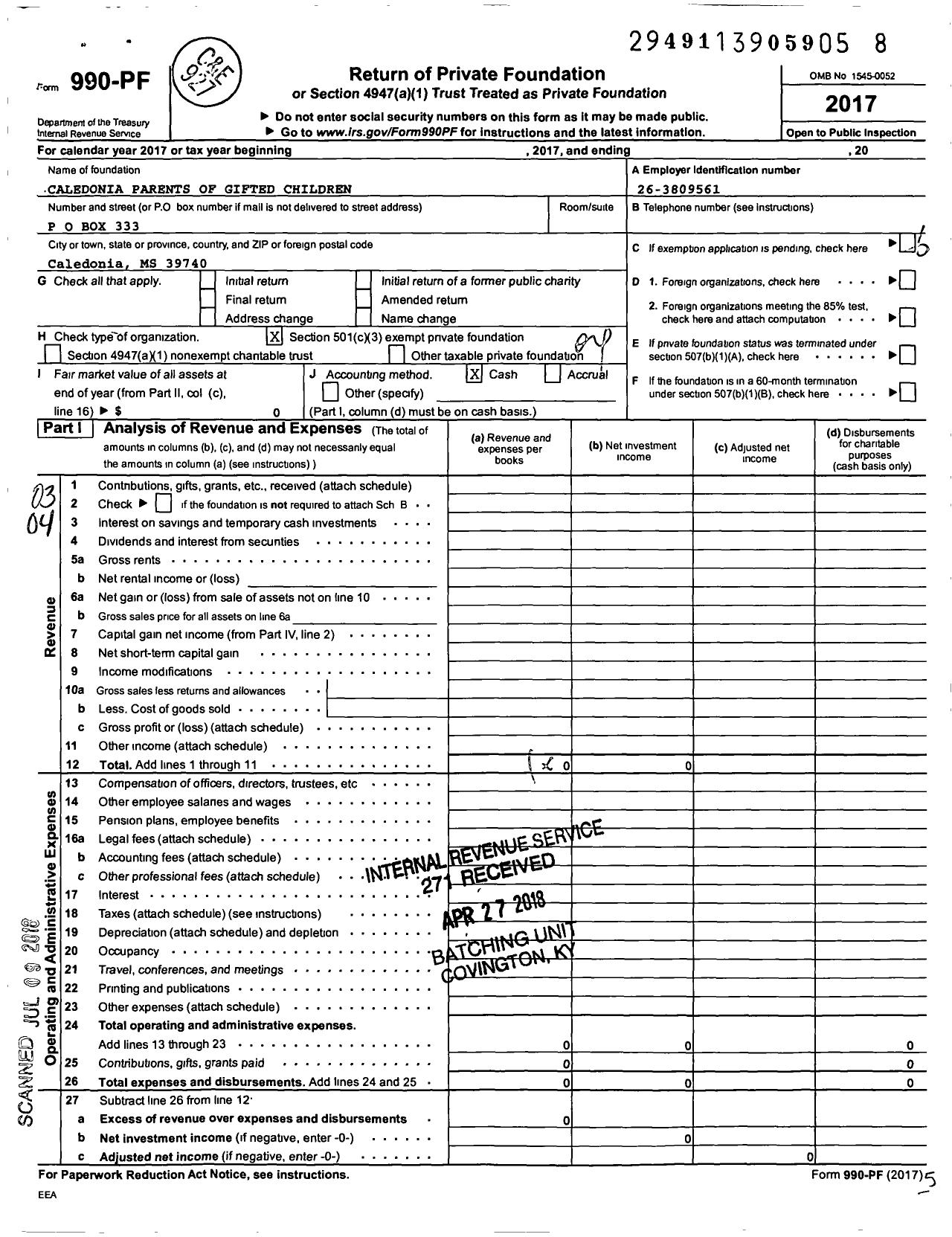 Image of first page of 2017 Form 990PF for Caledonia Parents of Gifted Children