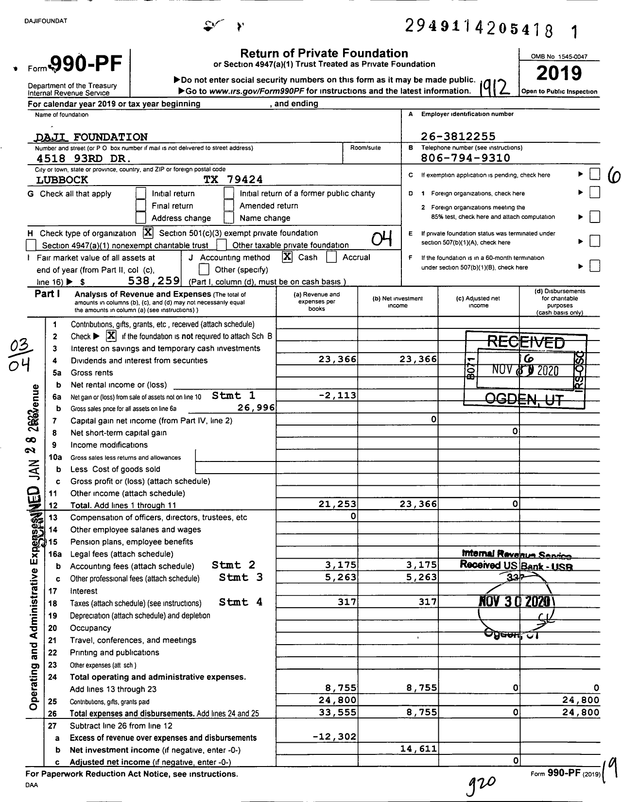 Image of first page of 2019 Form 990PF for Daji Foundation