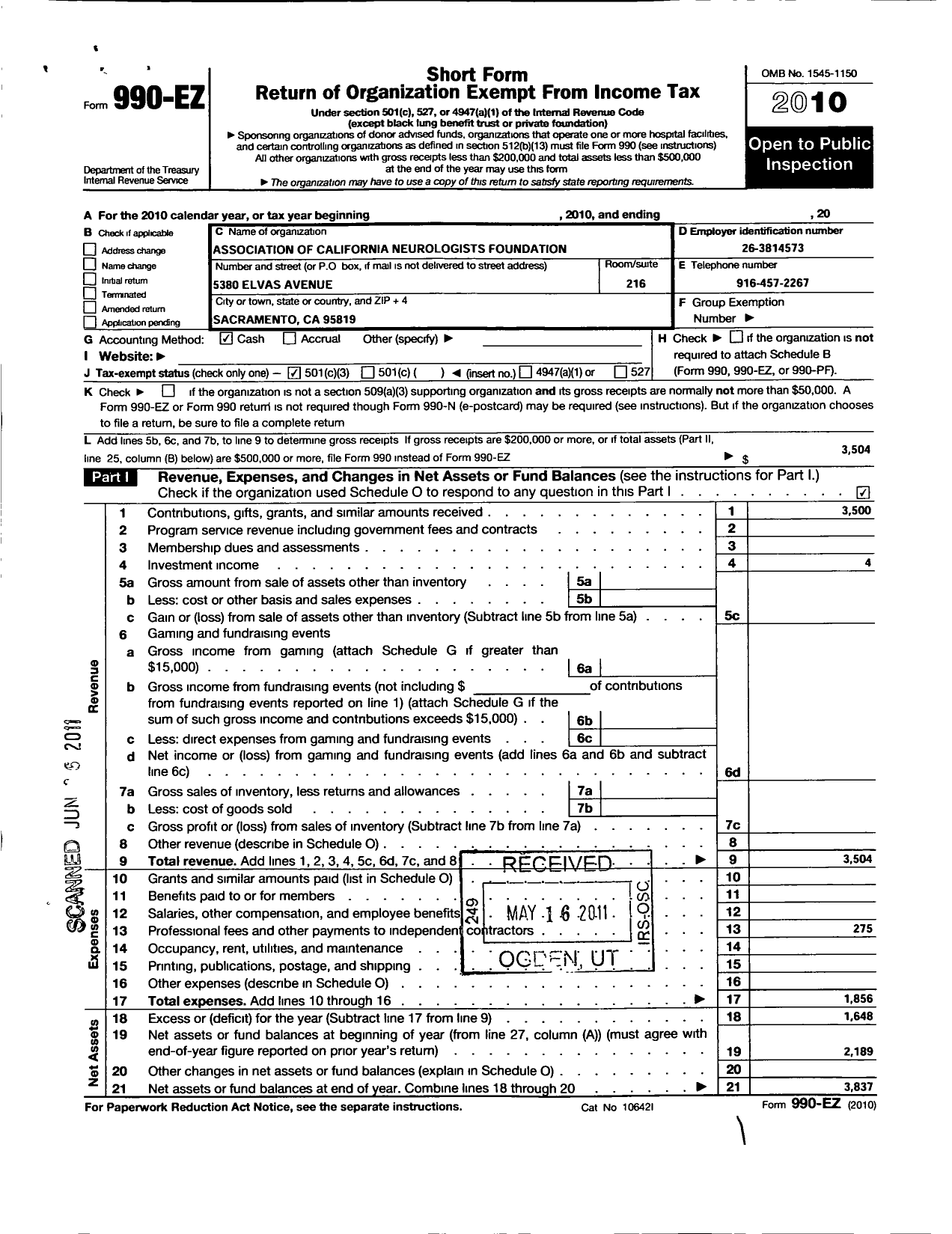 Image of first page of 2010 Form 990EZ for Association of California Neurologists Foundation