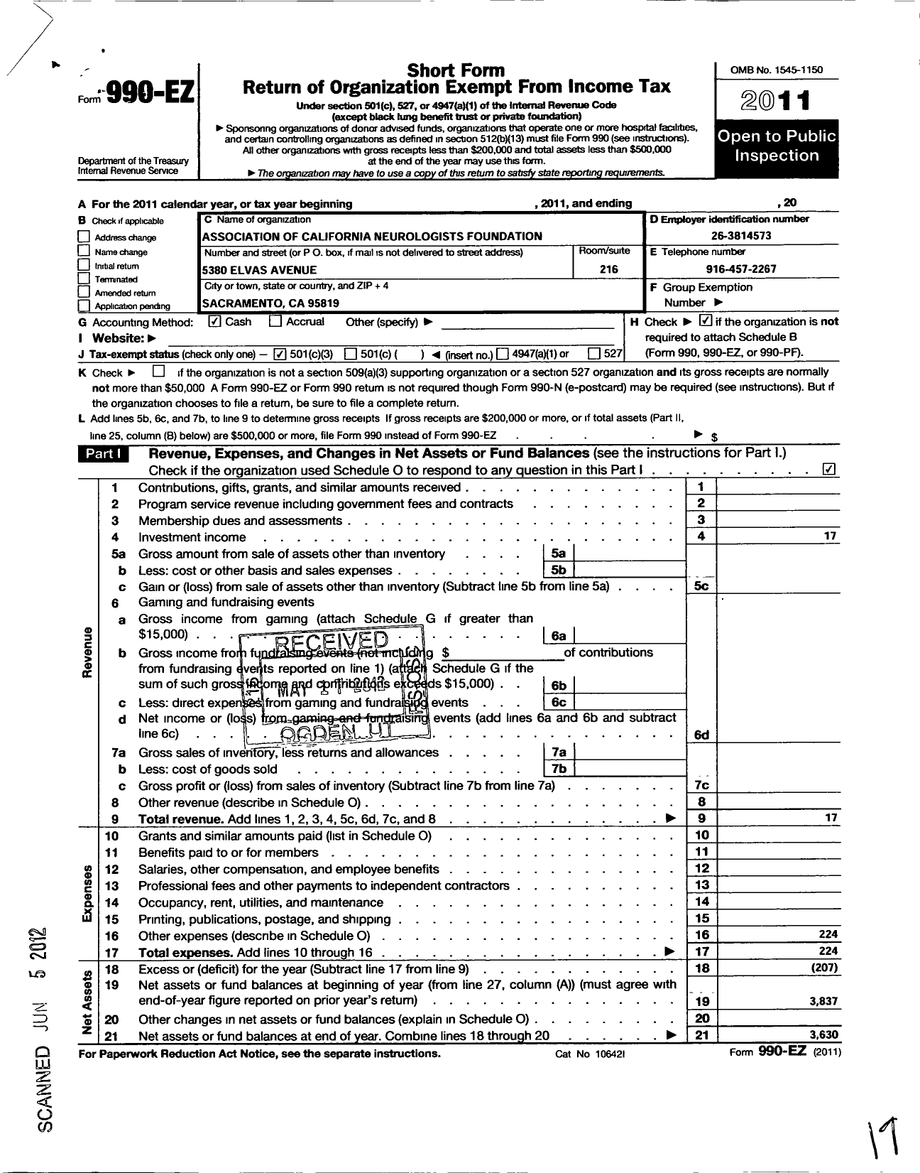 Image of first page of 2011 Form 990EZ for Association of California Neurologists Foundation