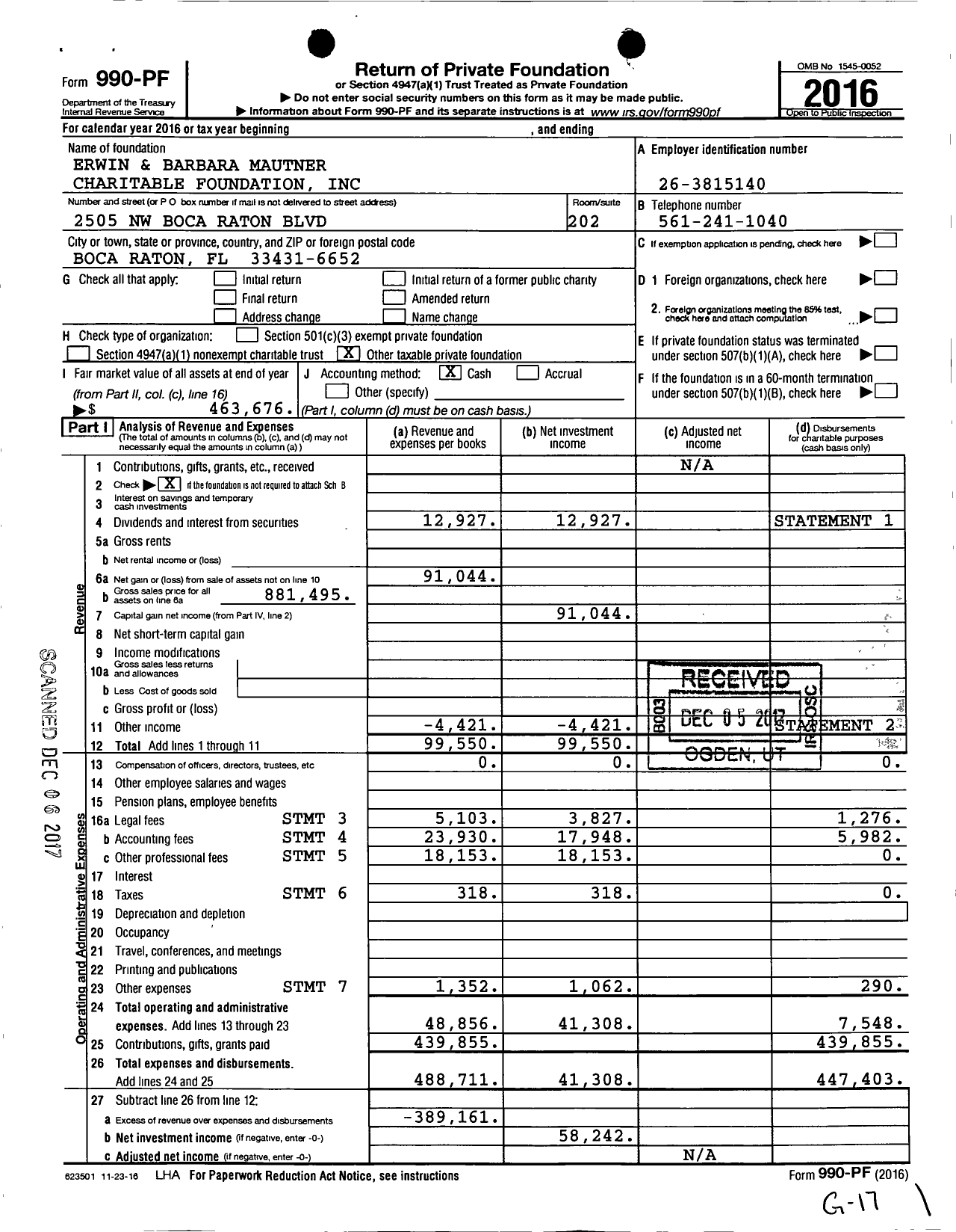 Image of first page of 2016 Form 990PF for Erwin and Barbara Mautner Charitable Foundation