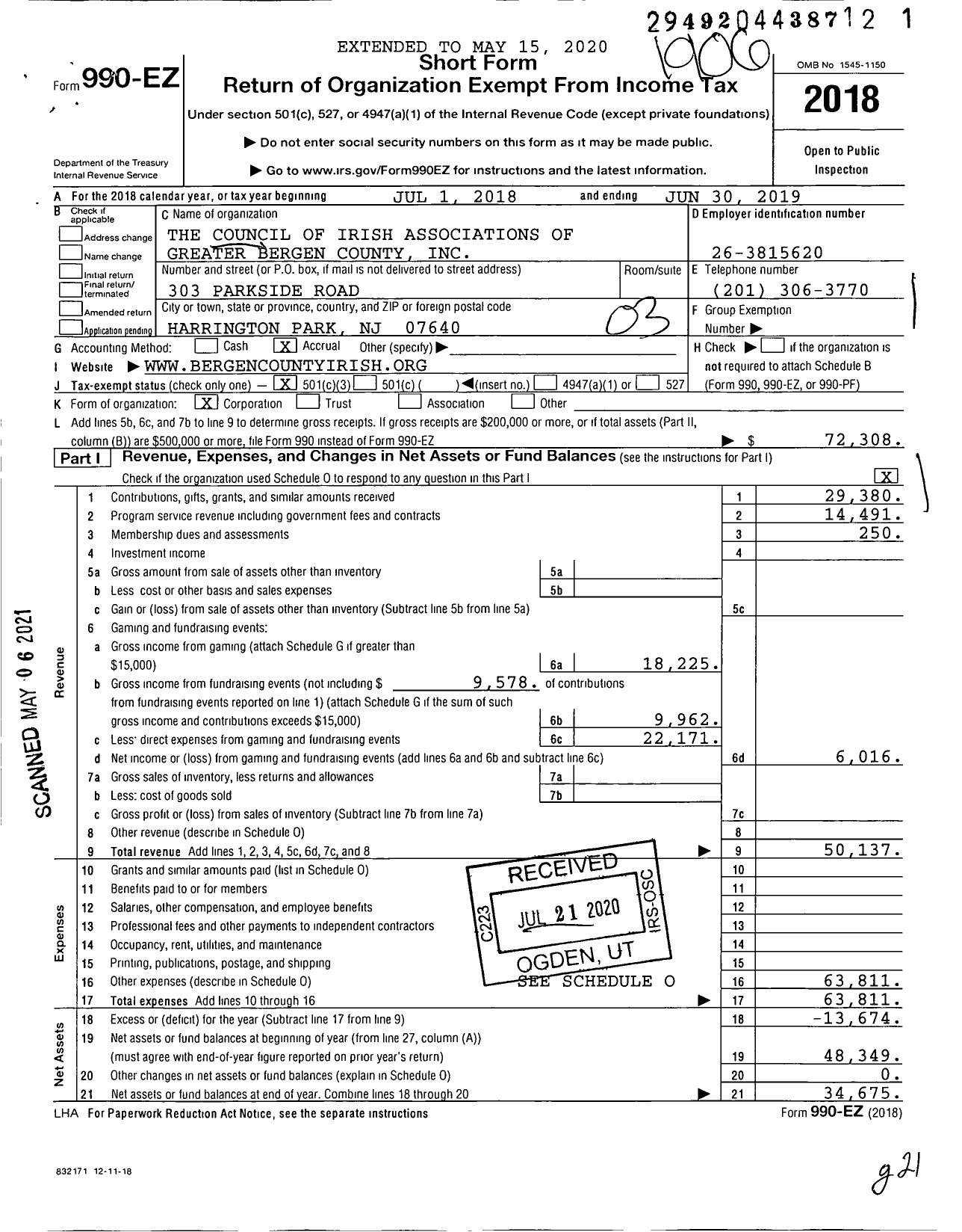 Image of first page of 2018 Form 990EZ for The Council of Irish Associations of Greater Bergen County