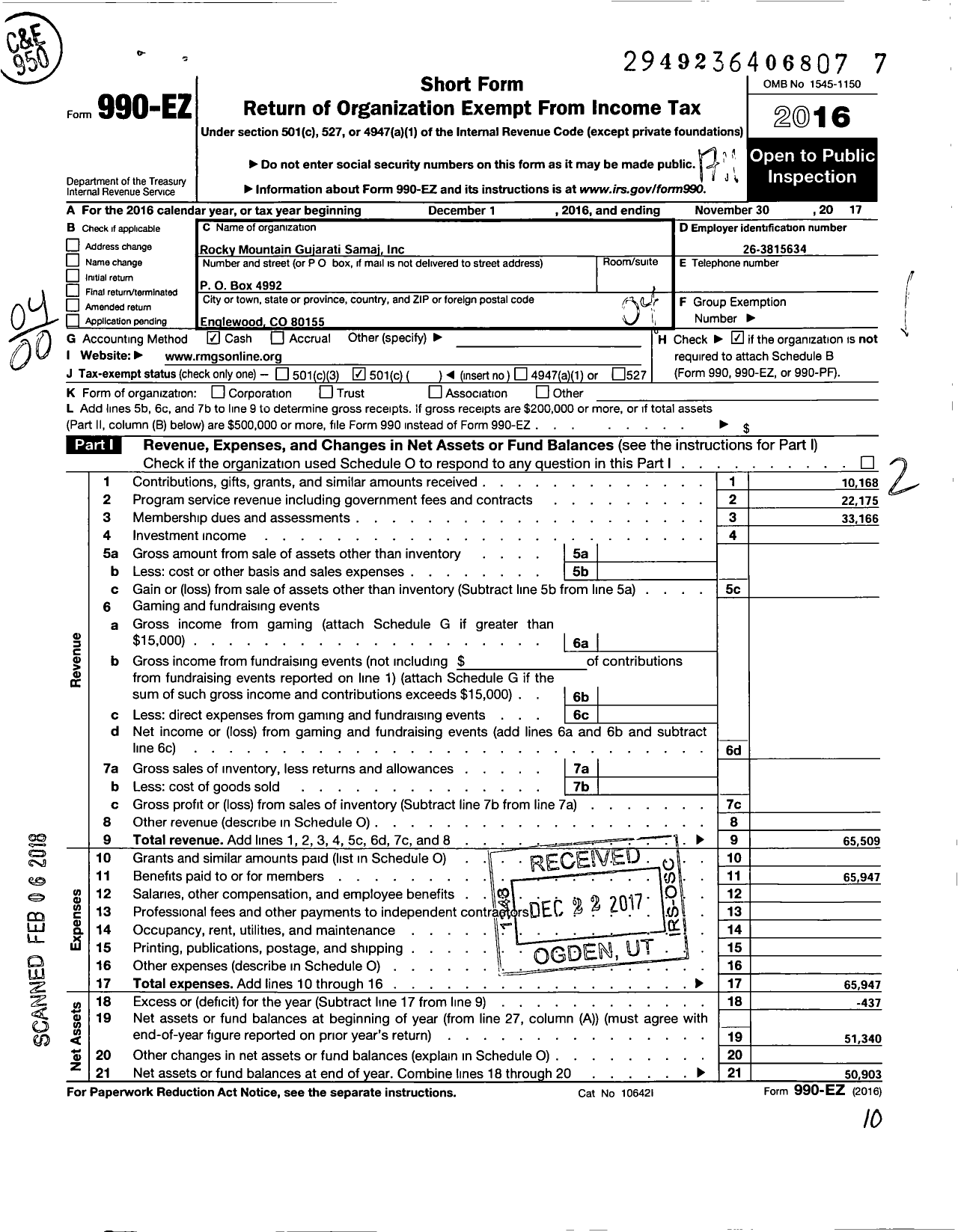 Image of first page of 2016 Form 990EO for Rocky Mountain Gujarati Samaj