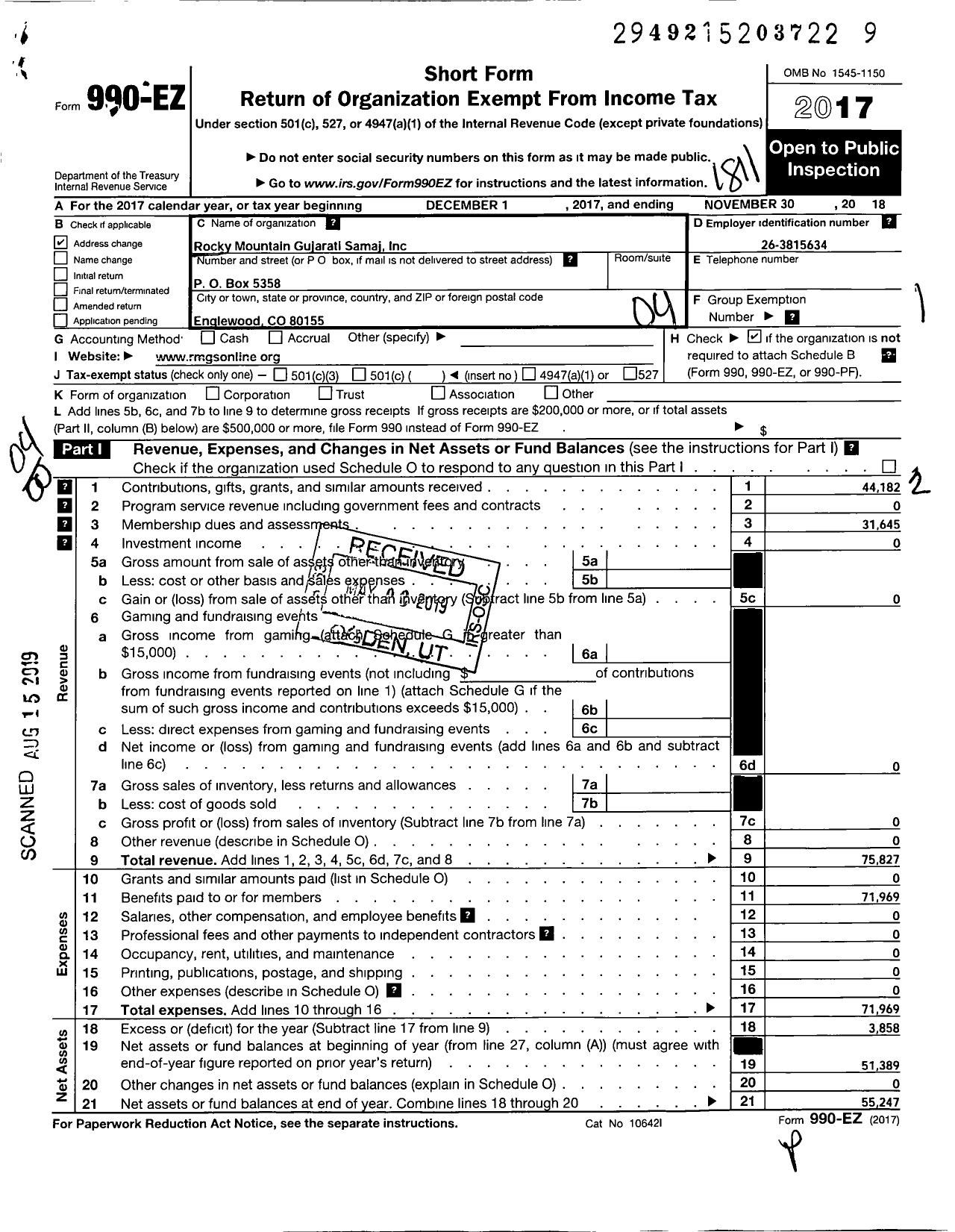 Image of first page of 2017 Form 990EO for Rocky Mountain Gujarati Samaj