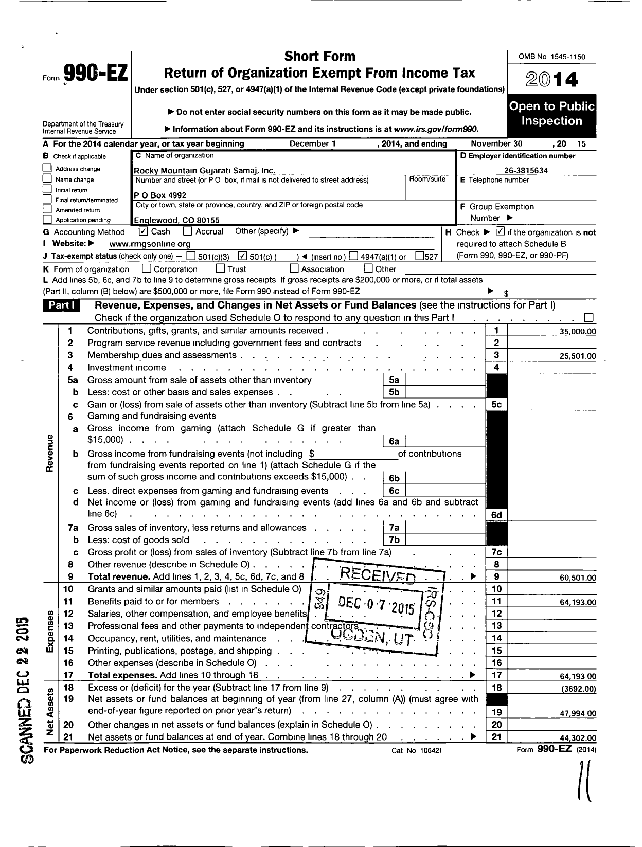 Image of first page of 2014 Form 990EO for Rocky Mountain Gujarati Samaj