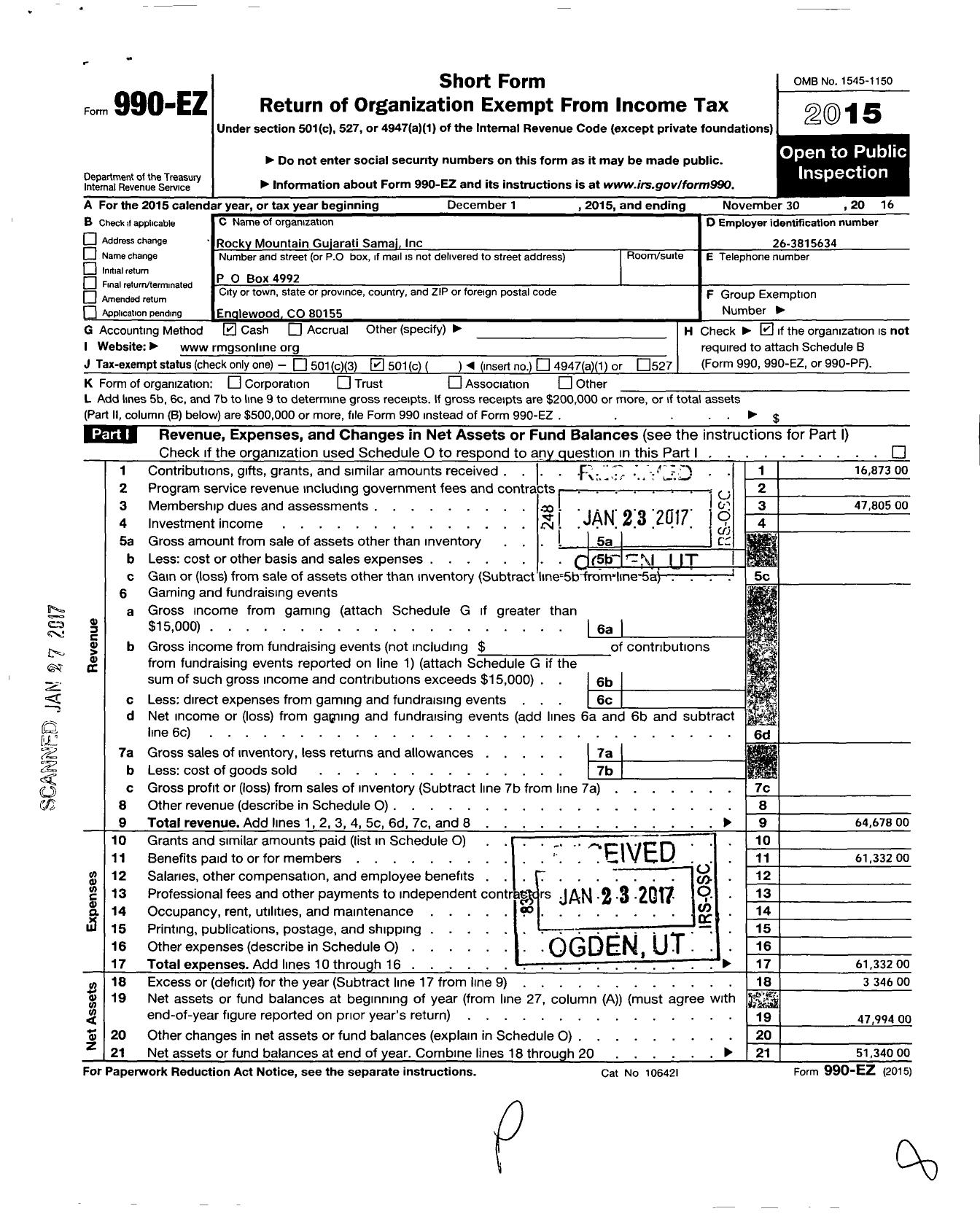 Image of first page of 2015 Form 990EO for Rocky Mountain Gujarati Samaj