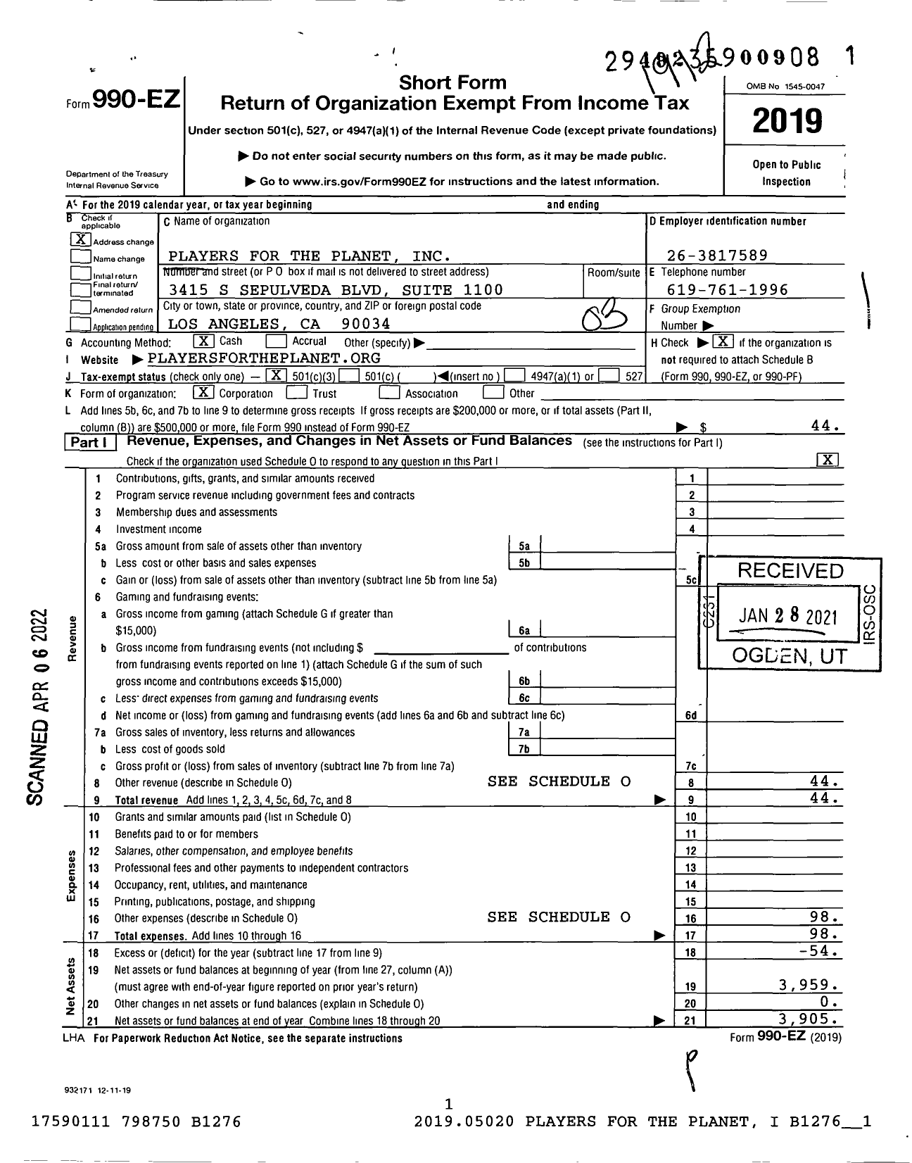 Image of first page of 2019 Form 990EZ for Players for the Planet