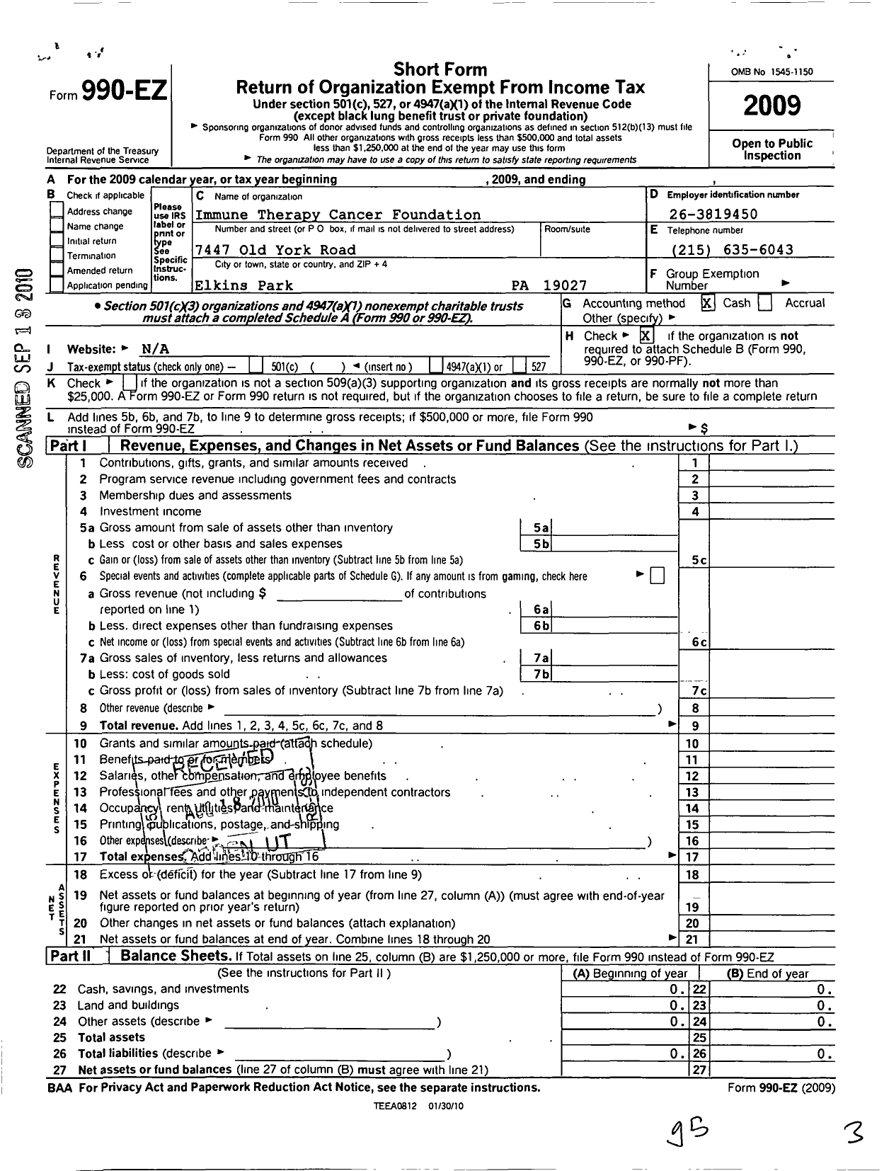 Image of first page of 2009 Form 990EO for Immune Therapy Cancer Foundation