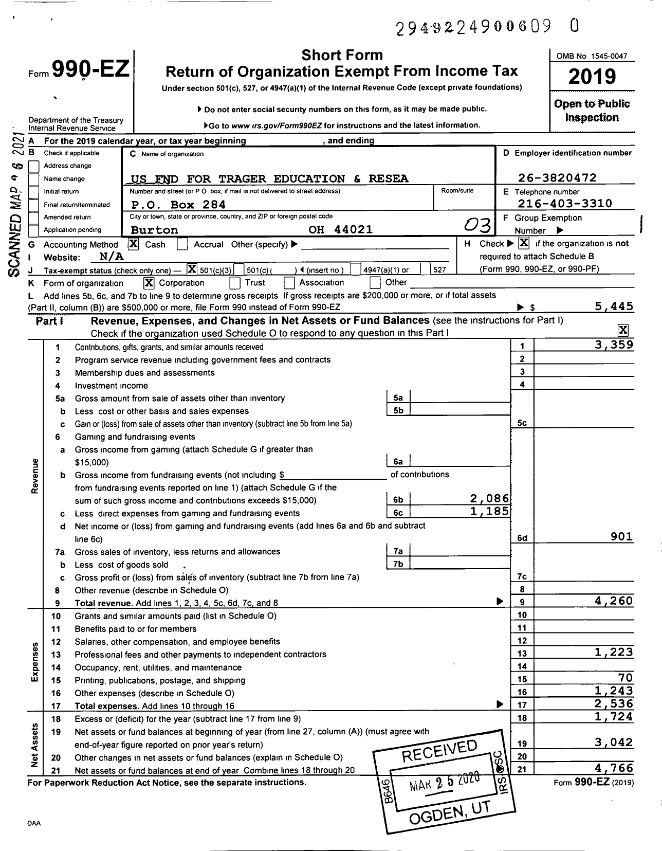 Image of first page of 2019 Form 990EZ for Trager Foundation