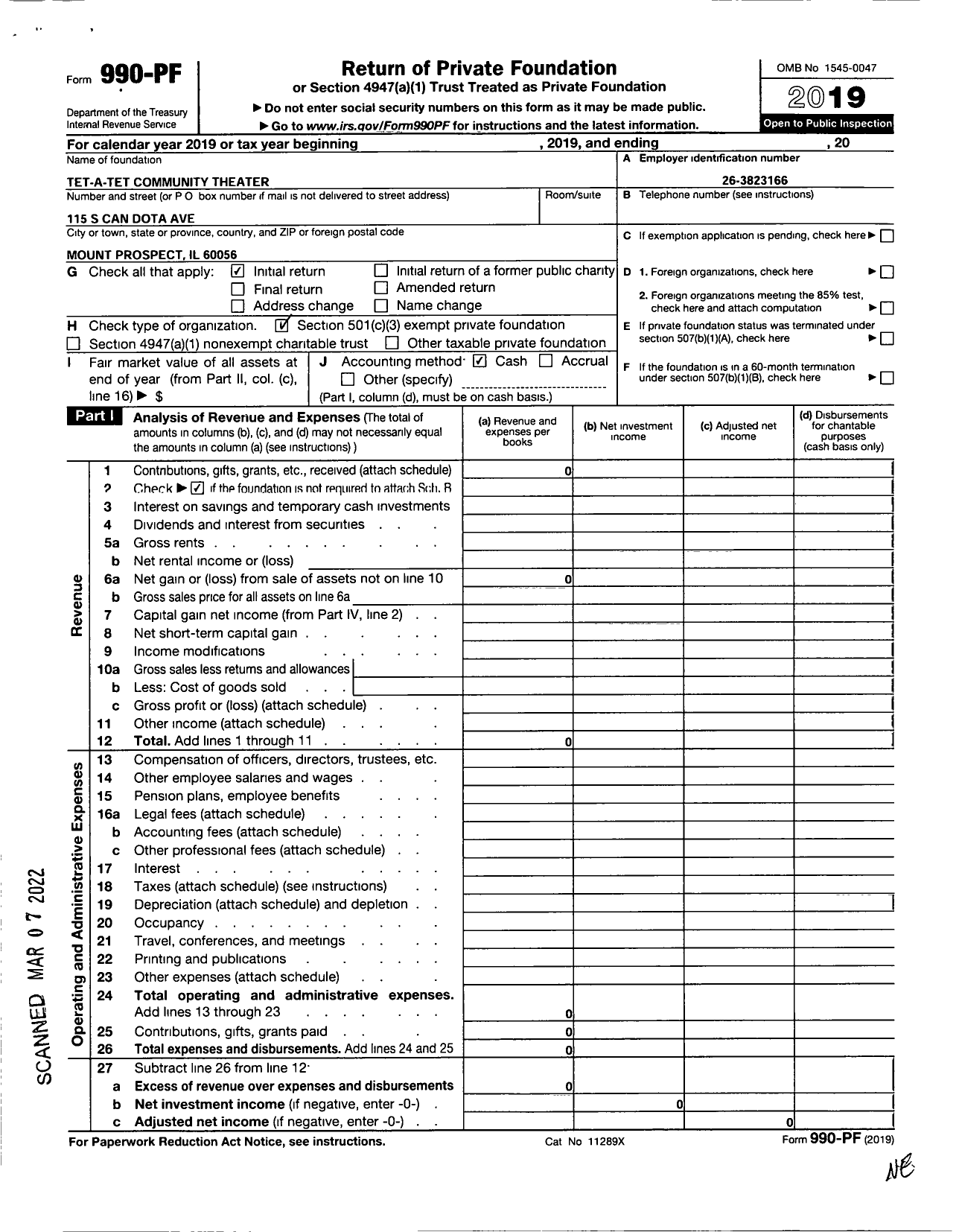 Image of first page of 2019 Form 990PF for Tet-A-Tet Community Theatre