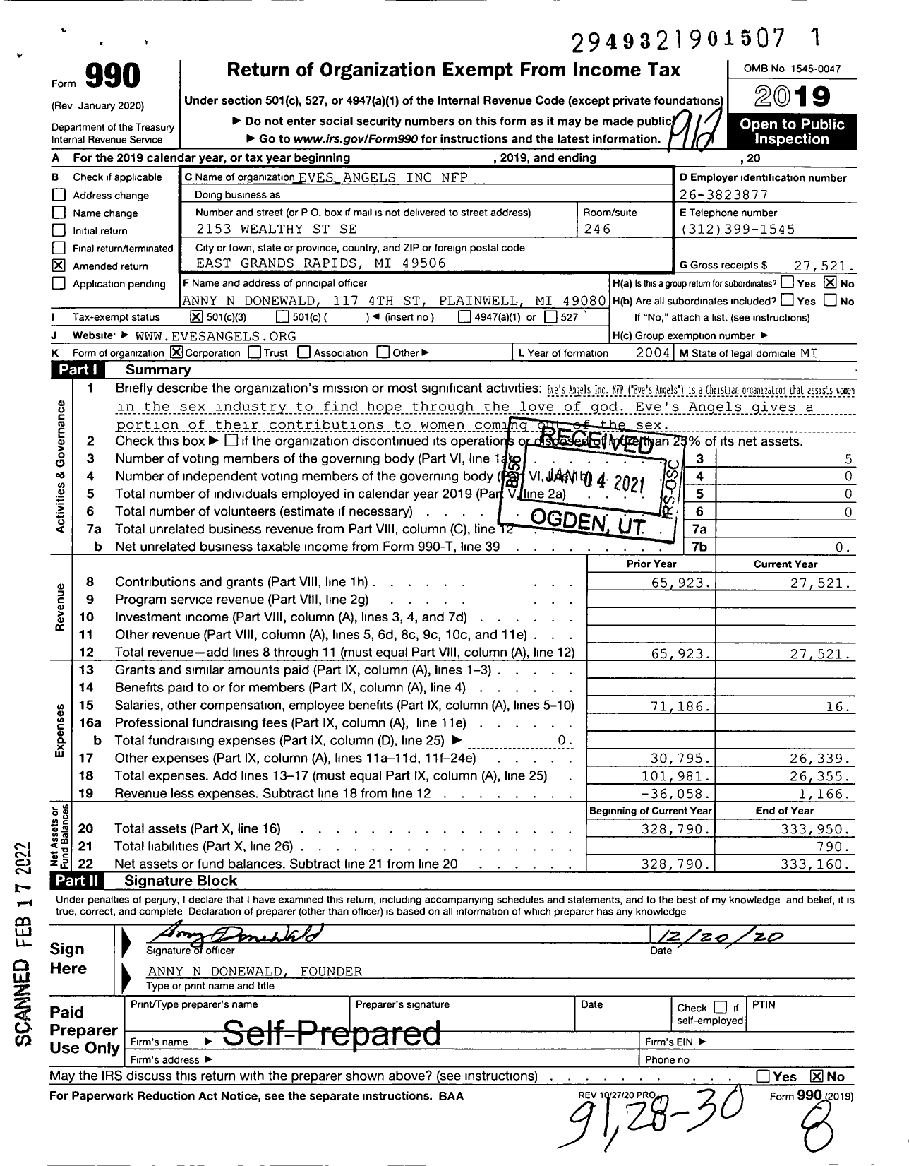 Image of first page of 2019 Form 990 for Eves Angels NFP