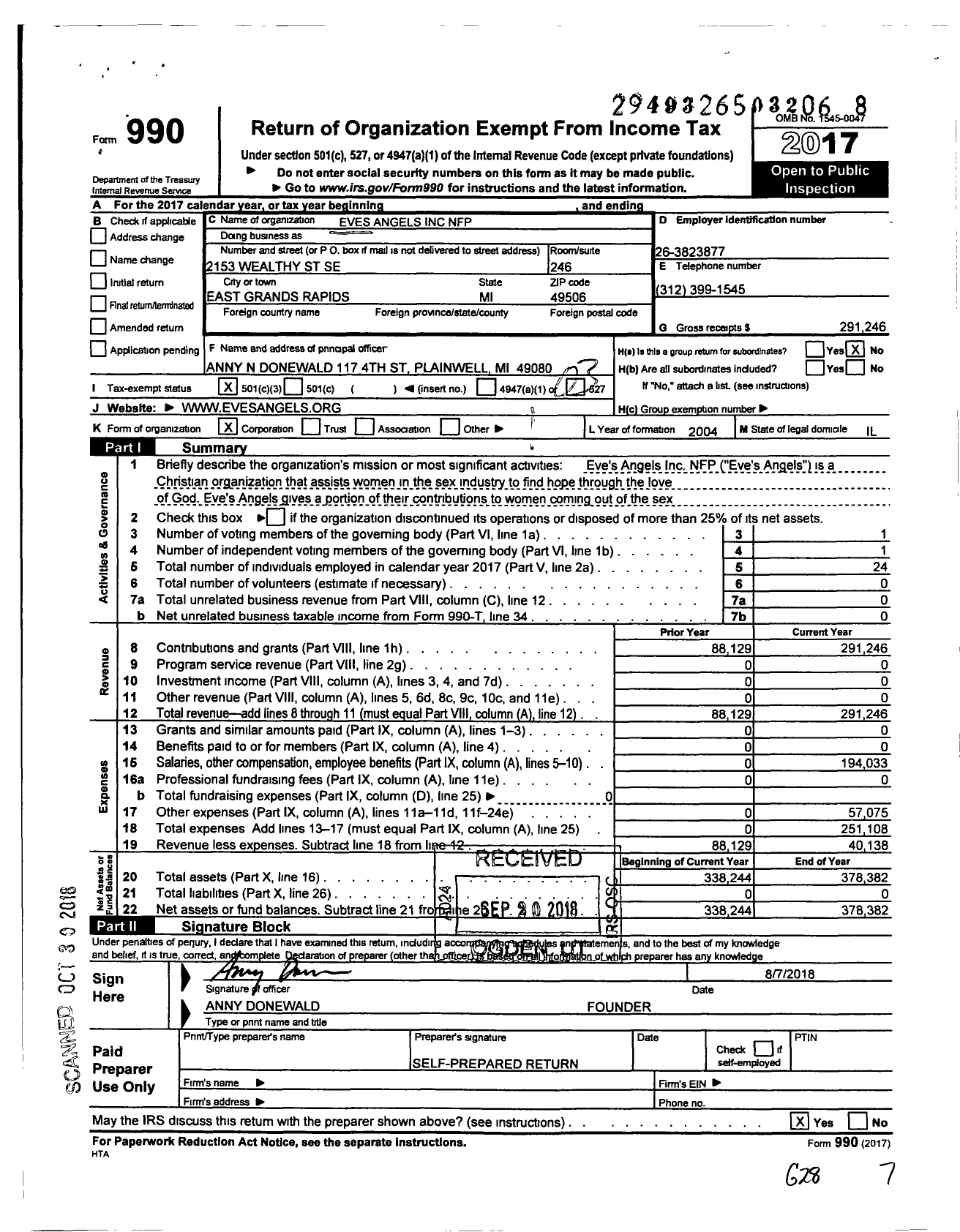 Image of first page of 2017 Form 990 for Eves Angels NFP