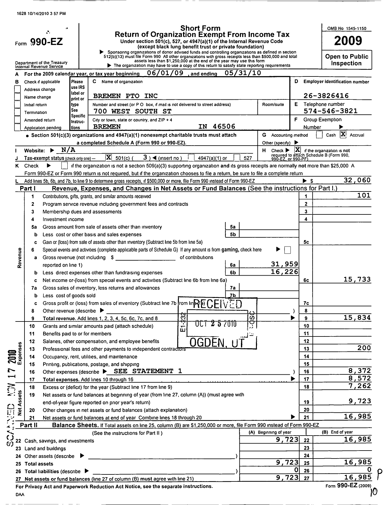 Image of first page of 2009 Form 990EZ for Bremen Pto