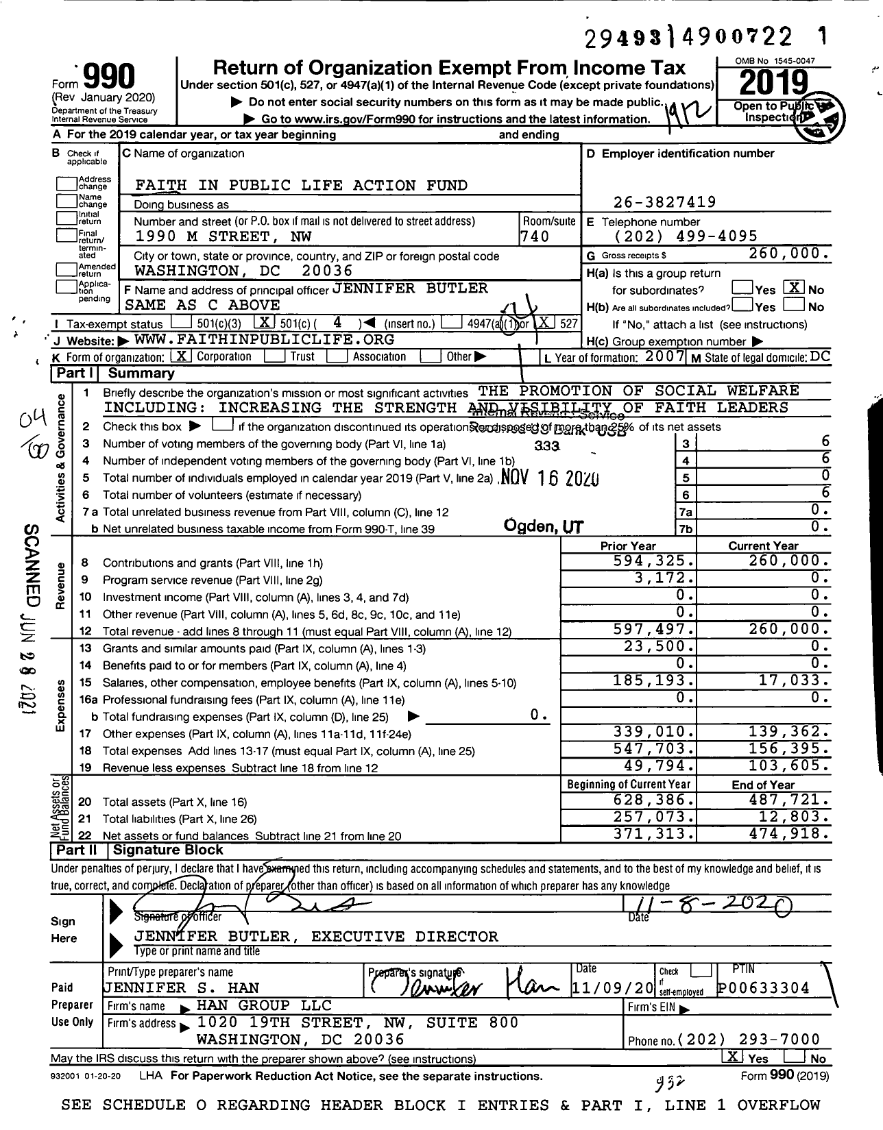 Image of first page of 2019 Form 990O for Faith in Public Life Action Fund