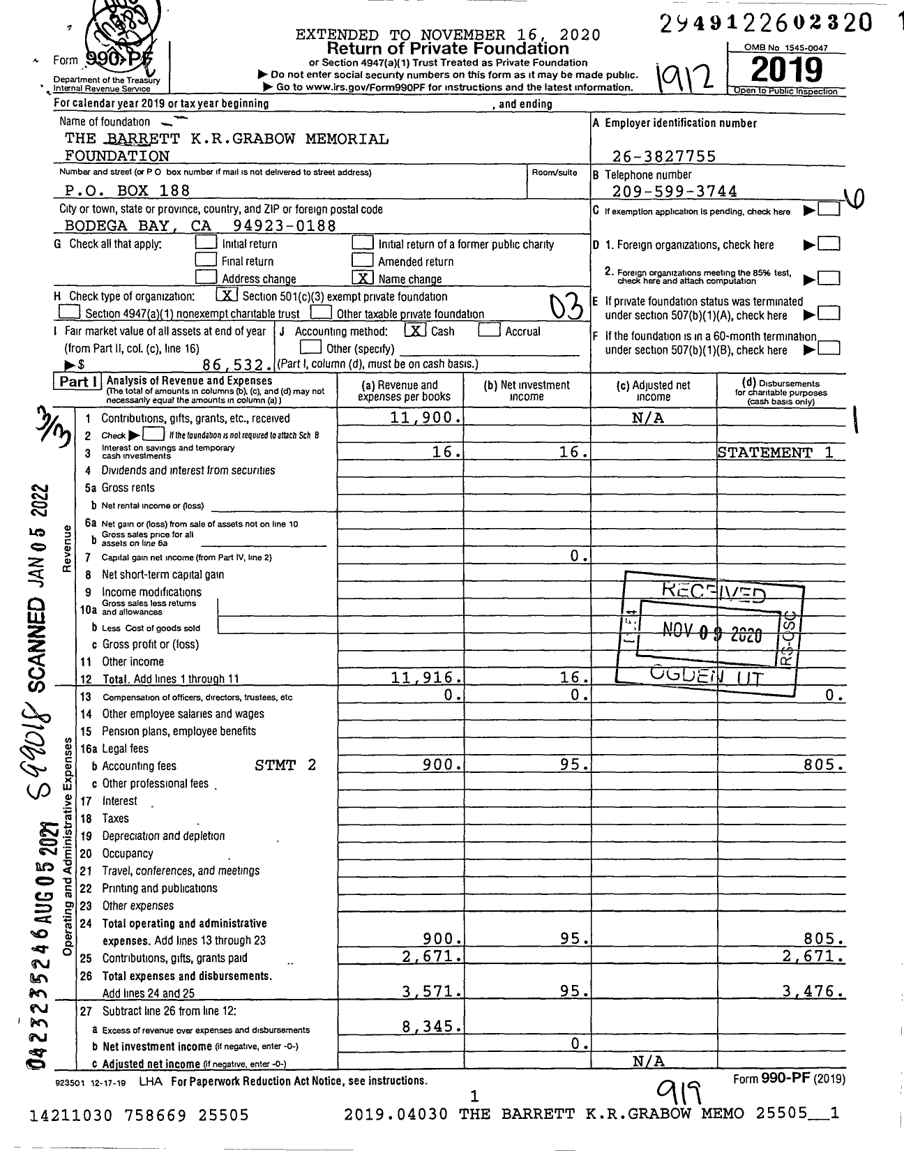 Image of first page of 2019 Form 990PF for The Barrett Krgrabow Memorial Foundation