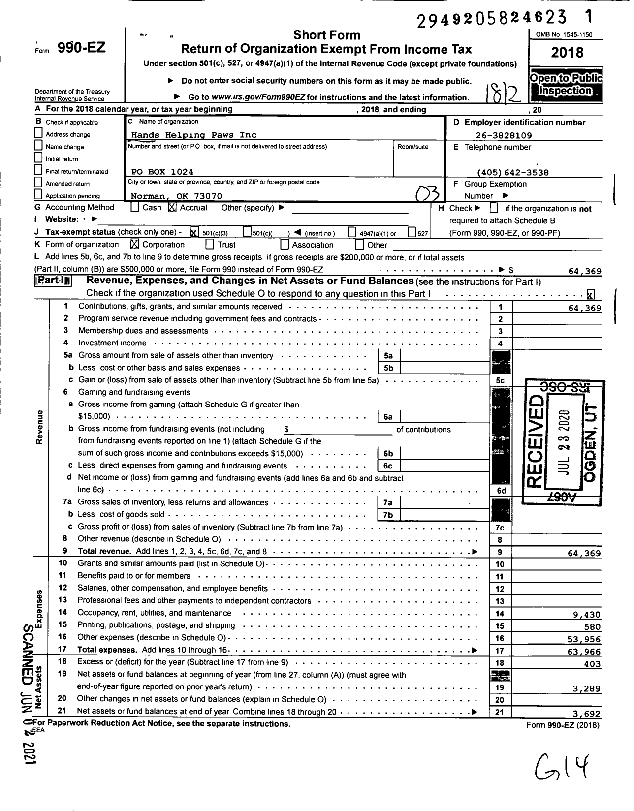 Image of first page of 2018 Form 990EZ for Hands Helping Paws