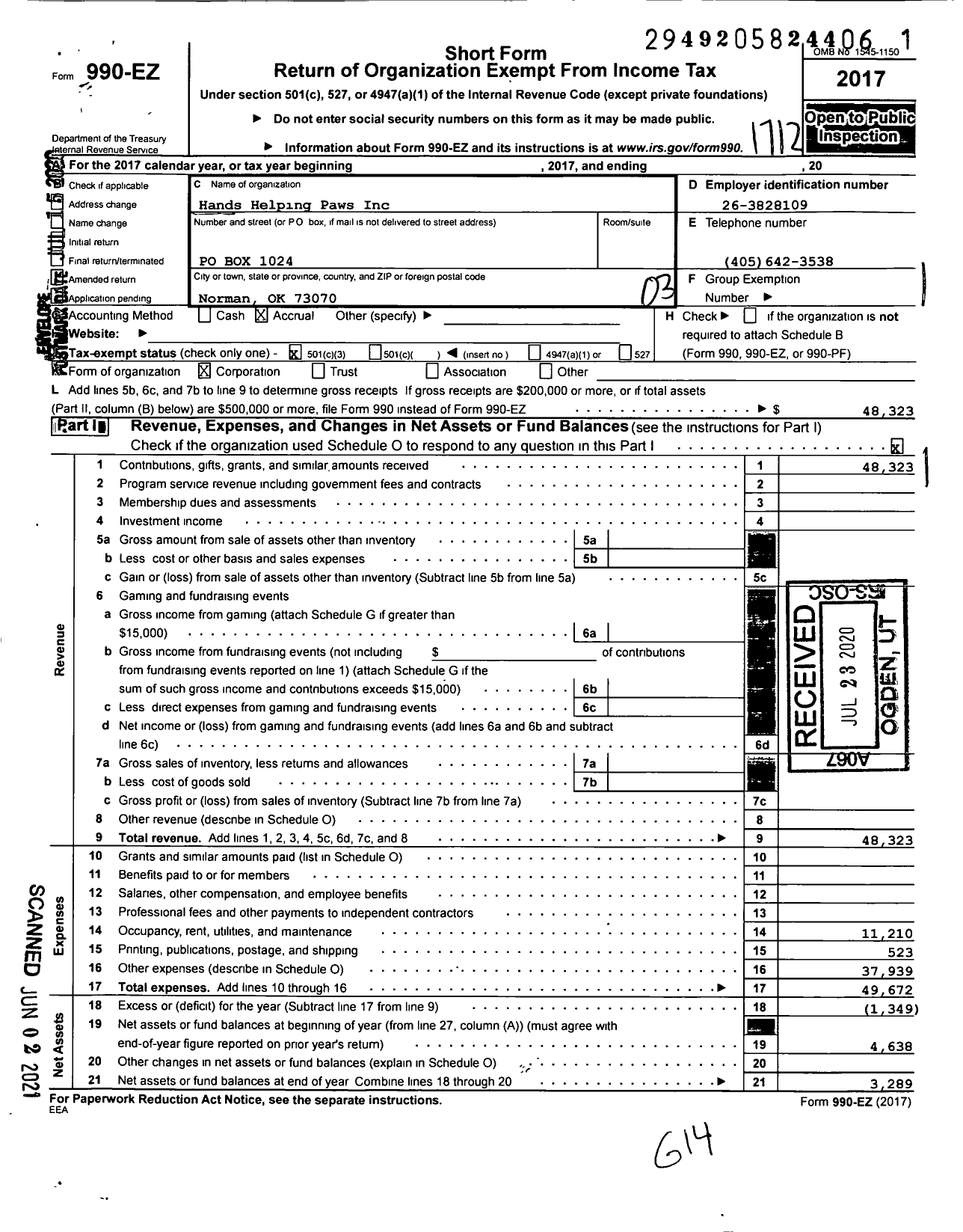 Image of first page of 2017 Form 990EZ for Hands Helping Paws