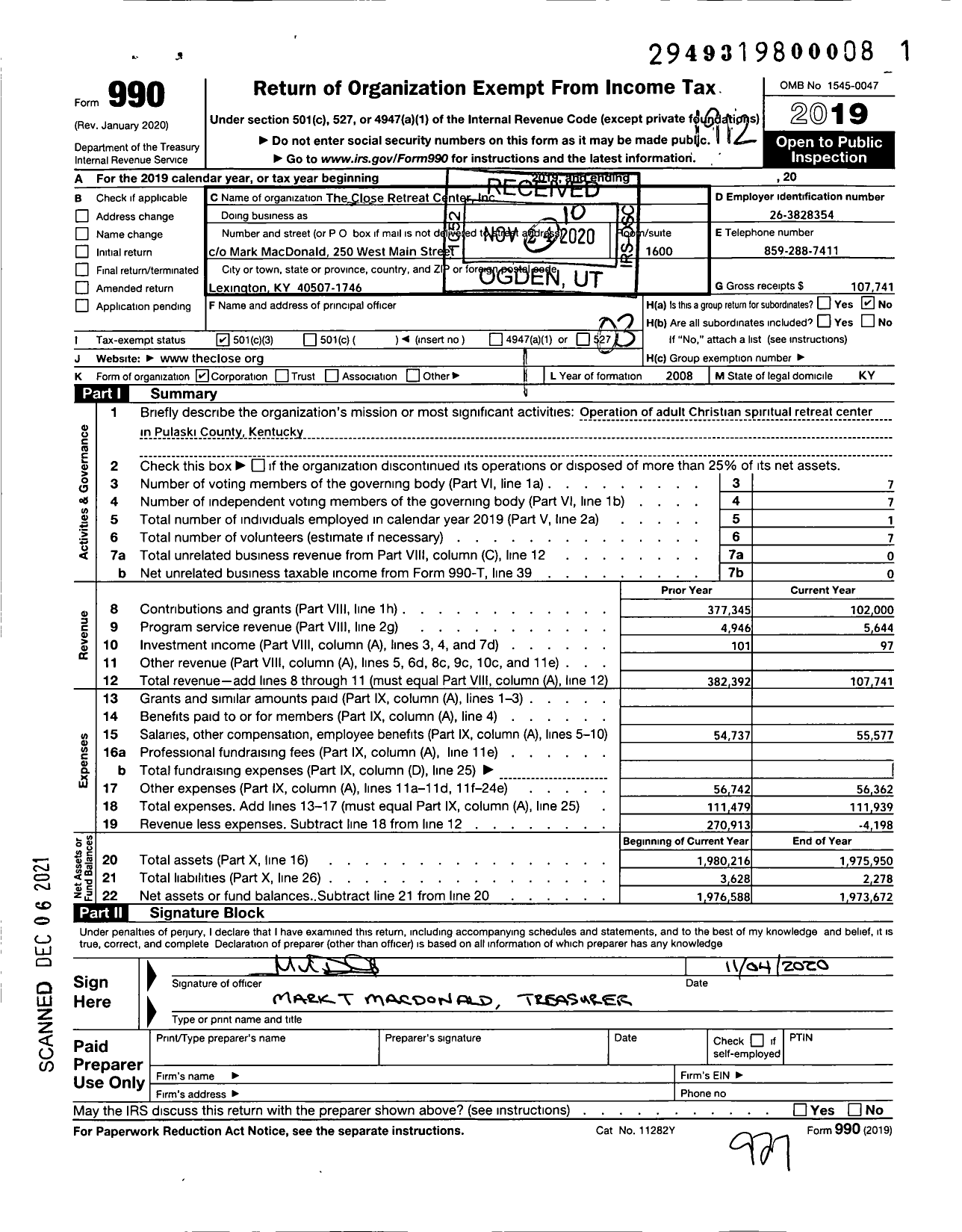 Image of first page of 2019 Form 990 for The Close Retreat Center