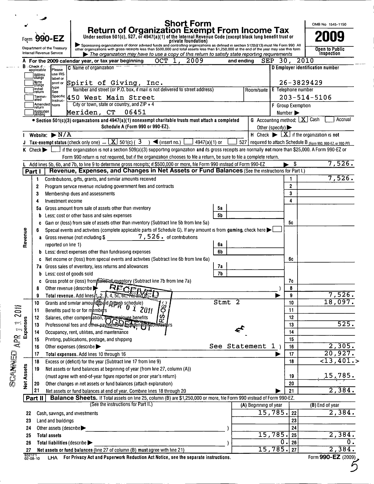 Image of first page of 2009 Form 990EZ for Spirit of Giving