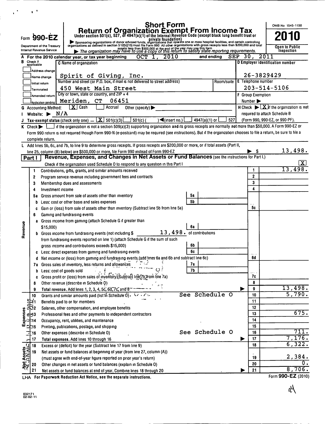 Image of first page of 2010 Form 990EZ for Spirit of Giving