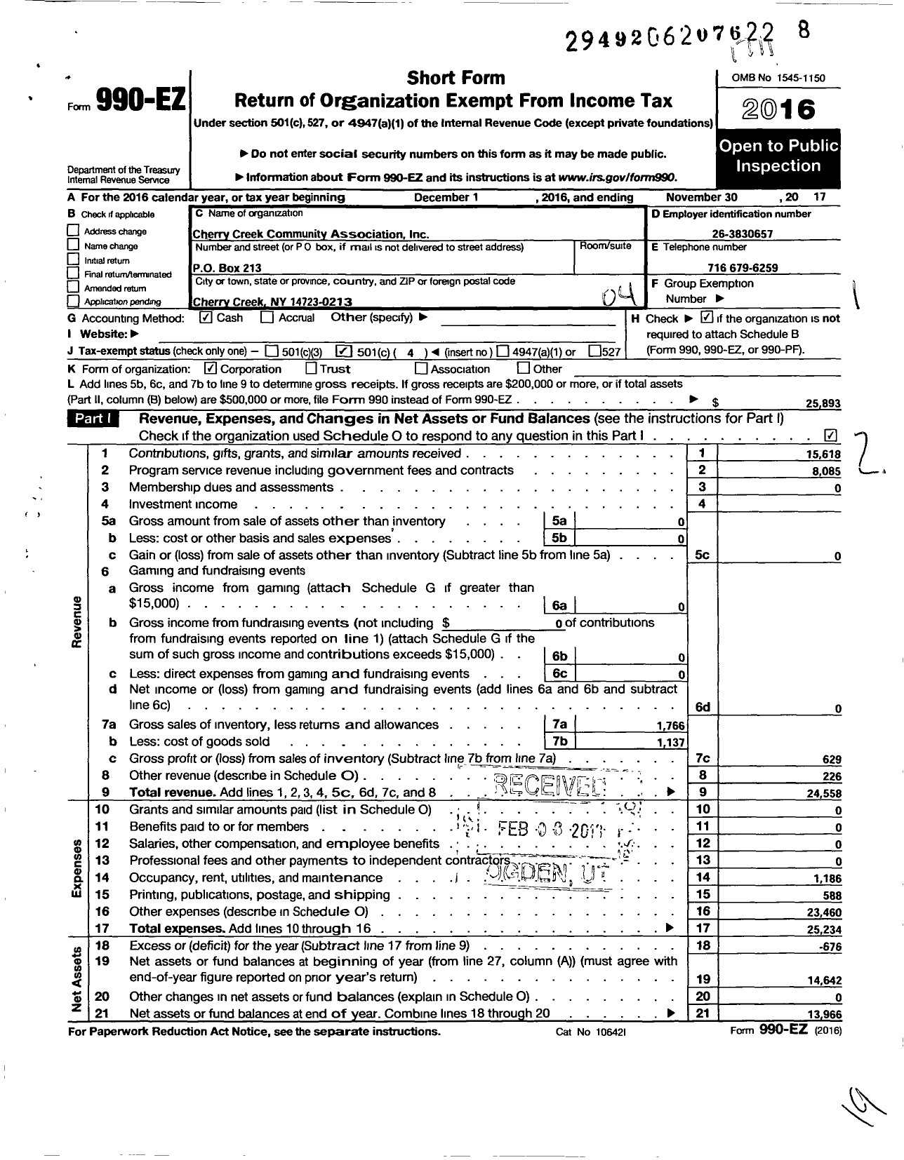 Image of first page of 2016 Form 990EO for Cherry Creek Community Association