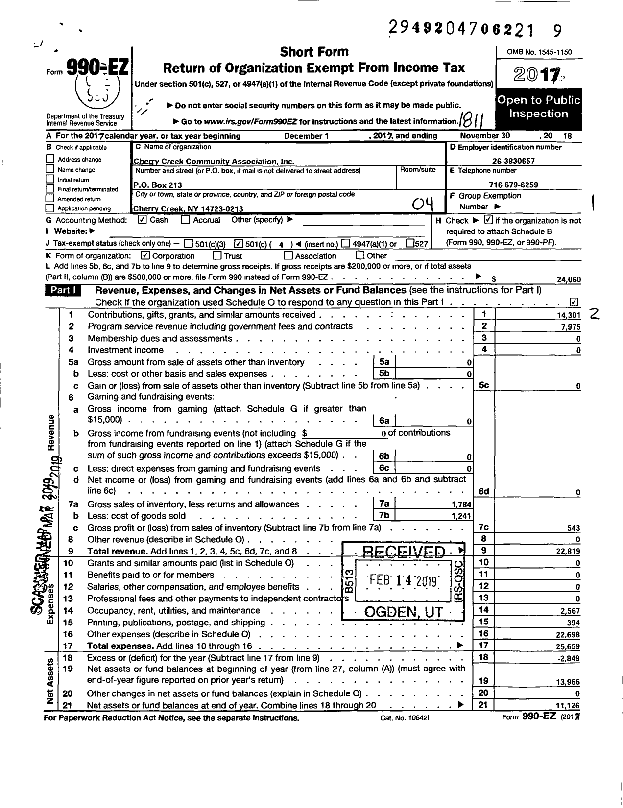 Image of first page of 2017 Form 990EO for Cherry Creek Community Association