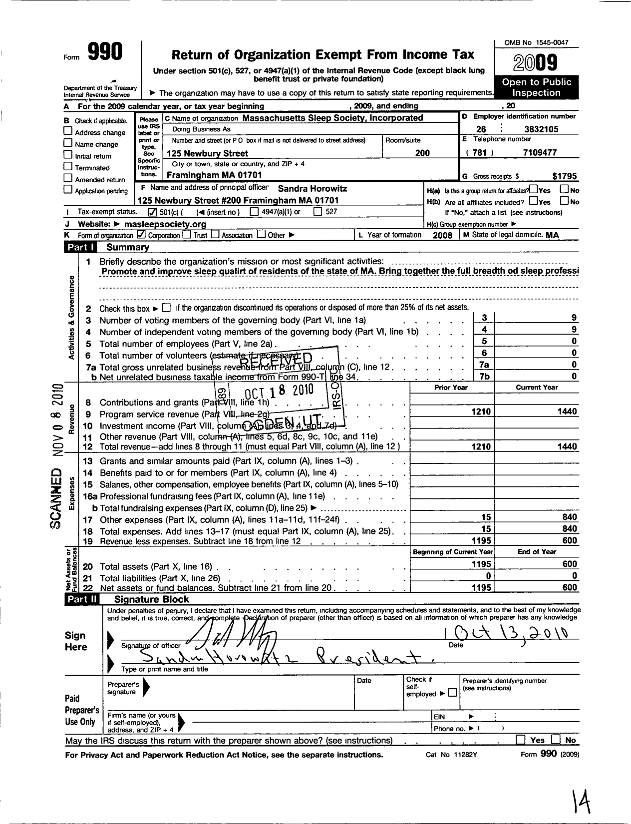 Image of first page of 2009 Form 990O for Massachusetts Sleep Society Incorporated