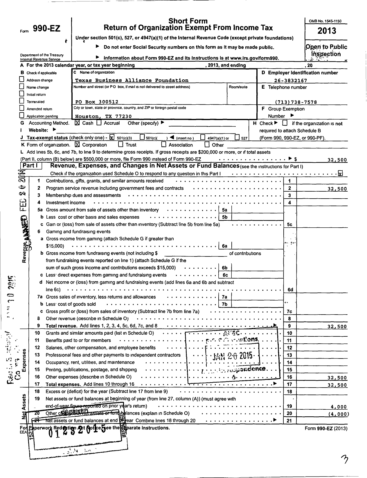 Image of first page of 2013 Form 990EZ for Texas Business Alliance Foundation