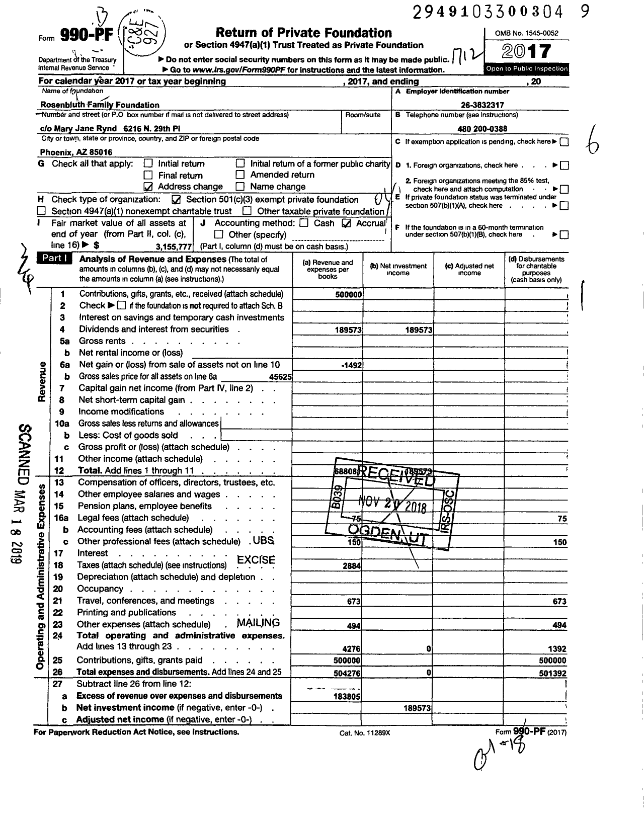 Image of first page of 2017 Form 990PF for Rosenbluth Family Foundation