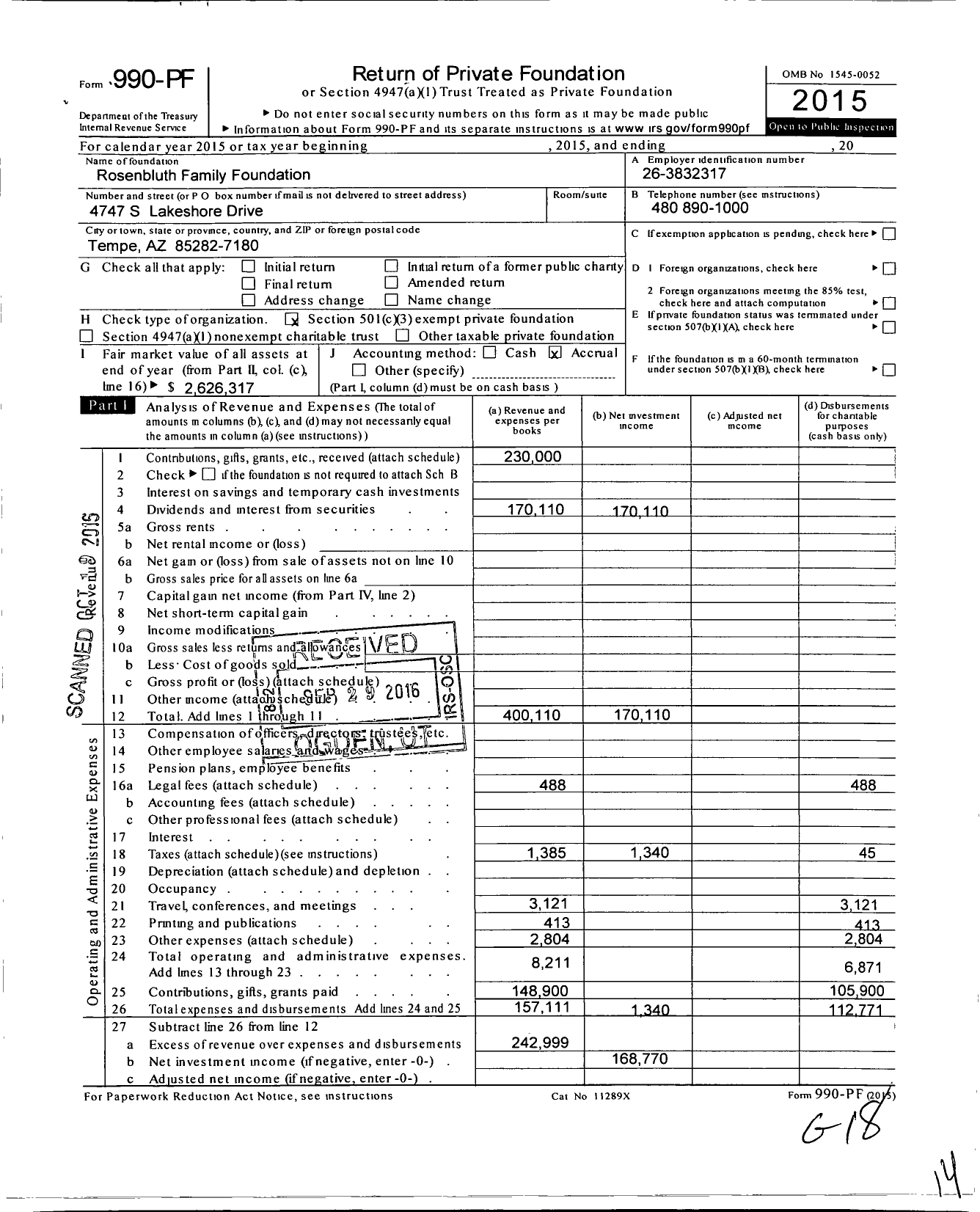 Image of first page of 2015 Form 990PF for Rosenbluth Family Foundation