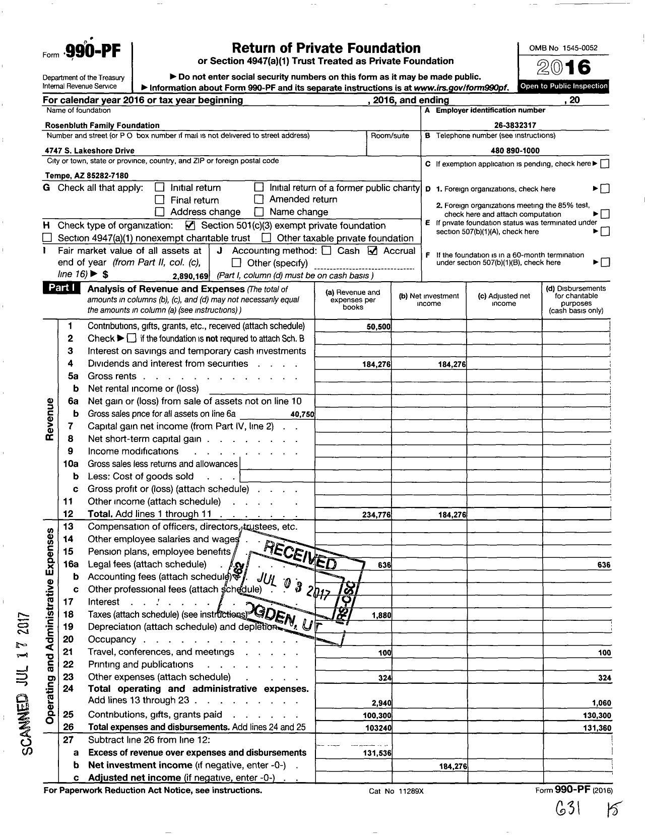 Image of first page of 2016 Form 990PF for Rosenbluth Family Foundation