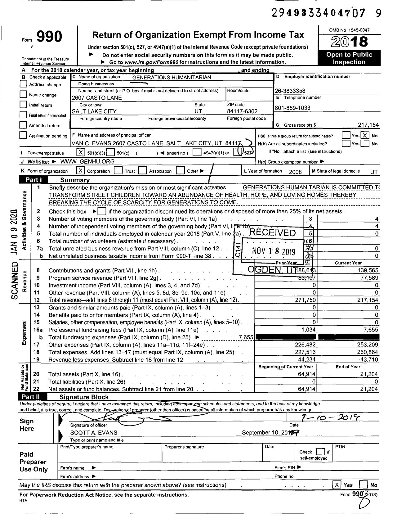 Image of first page of 2018 Form 990 for Generations Humanitarian