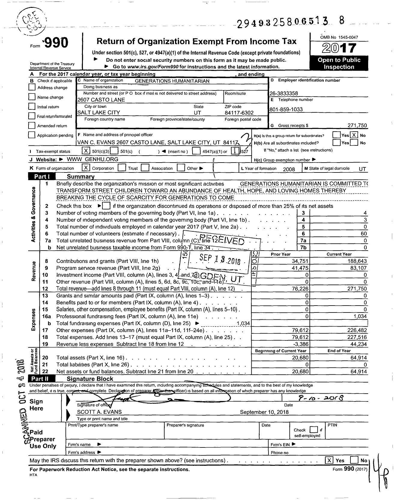 Image of first page of 2017 Form 990 for Generations Humanitarian