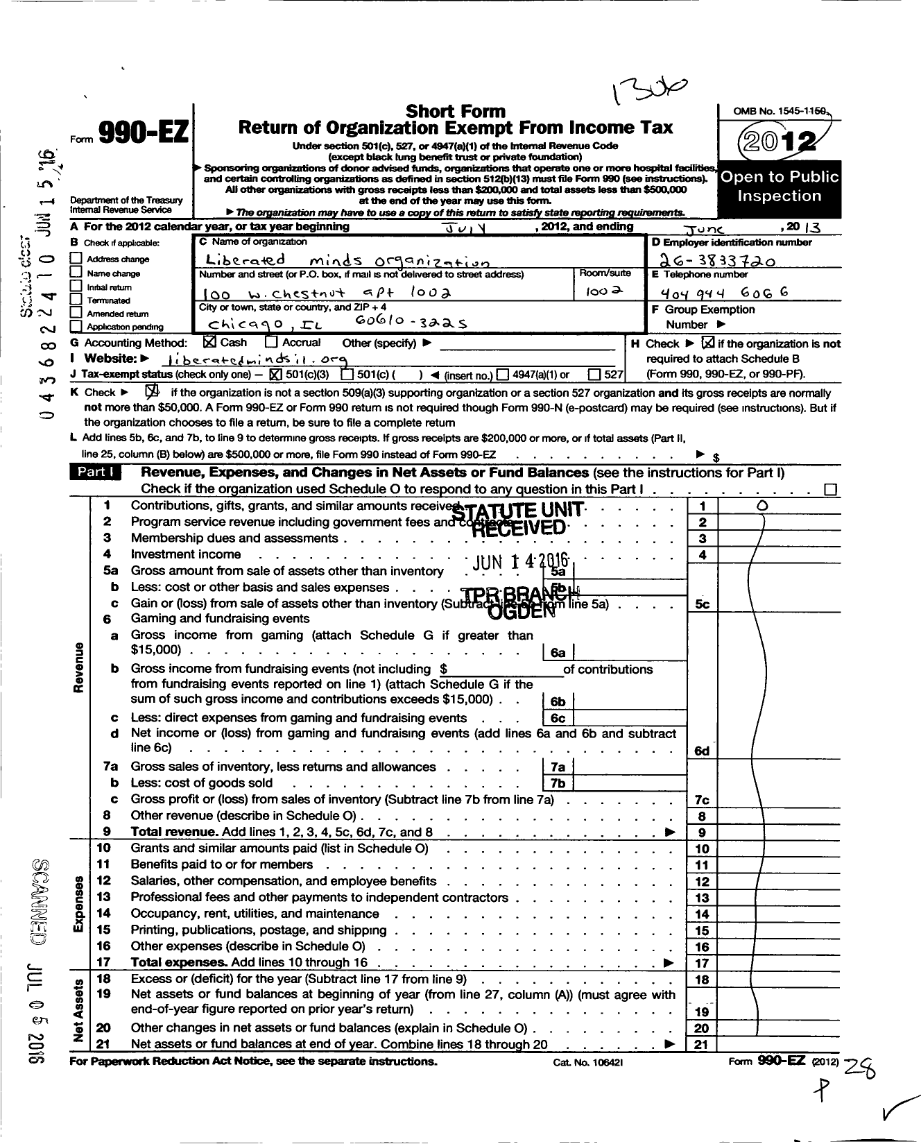 Image of first page of 2012 Form 990EZ for Liberated Minds Organization