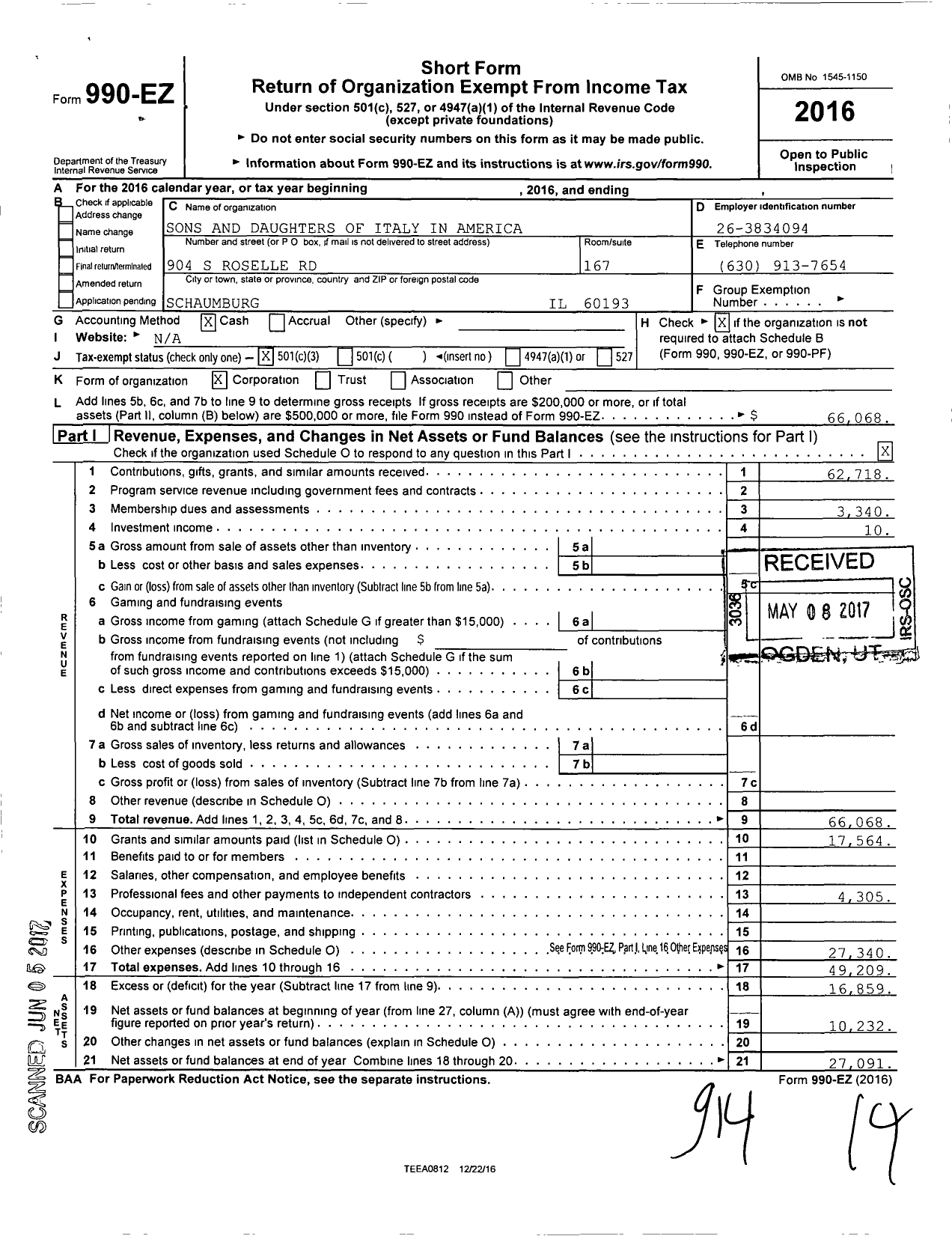 Image of first page of 2016 Form 990EZ for Sons and Daughters of Italy in America