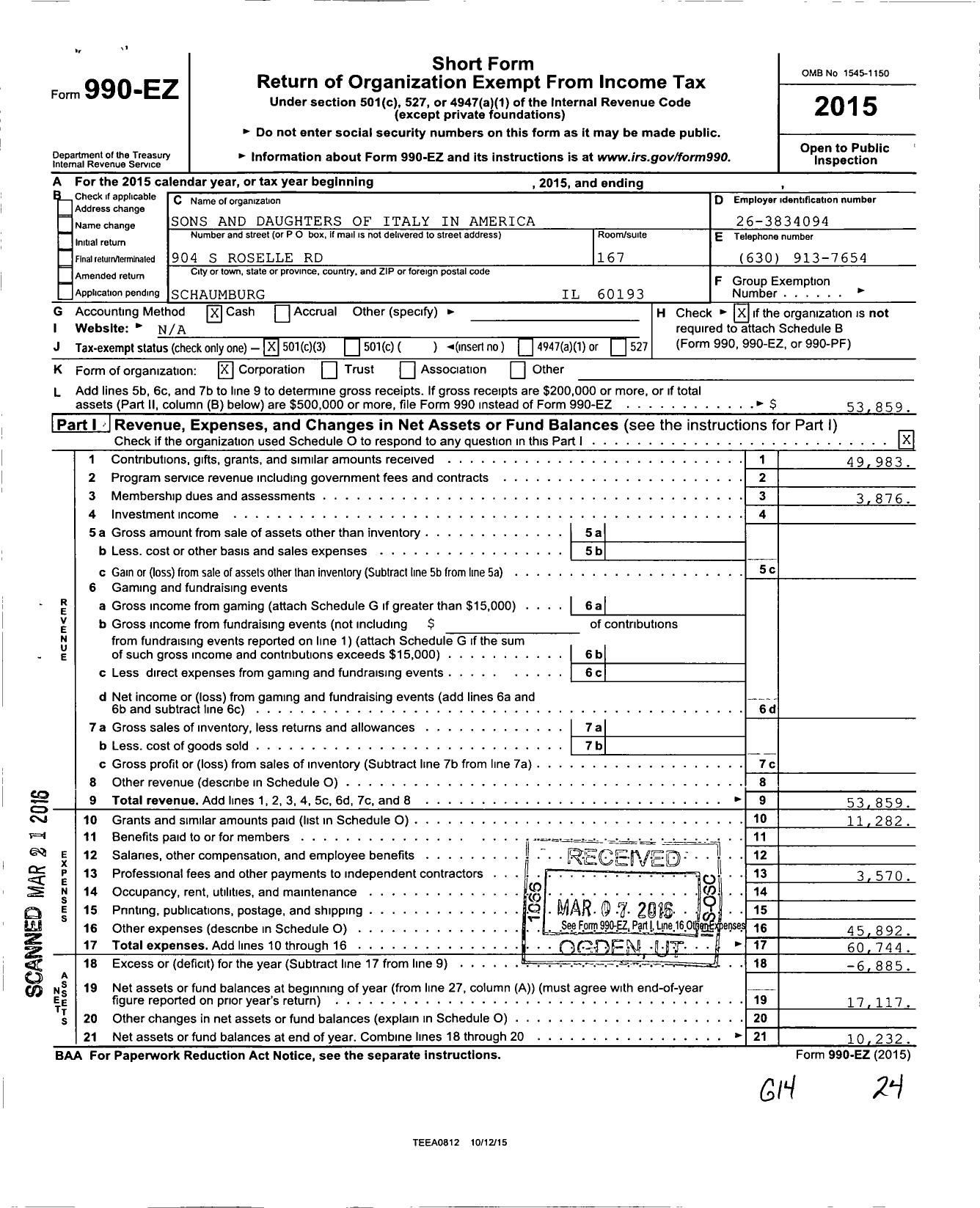 Image of first page of 2015 Form 990EZ for Sons and Daughters of Italy in America