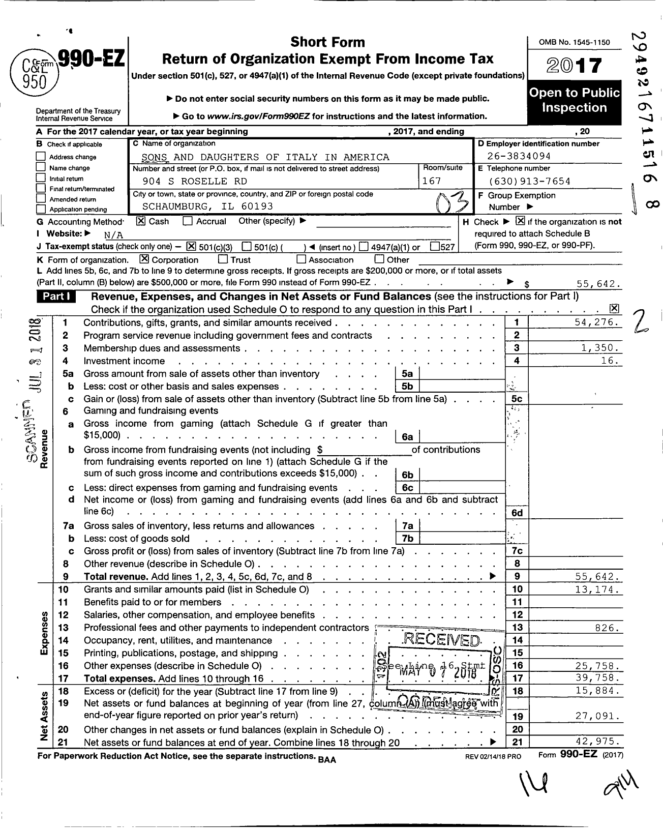 Image of first page of 2017 Form 990EZ for Sons and Daughters of Italy in America