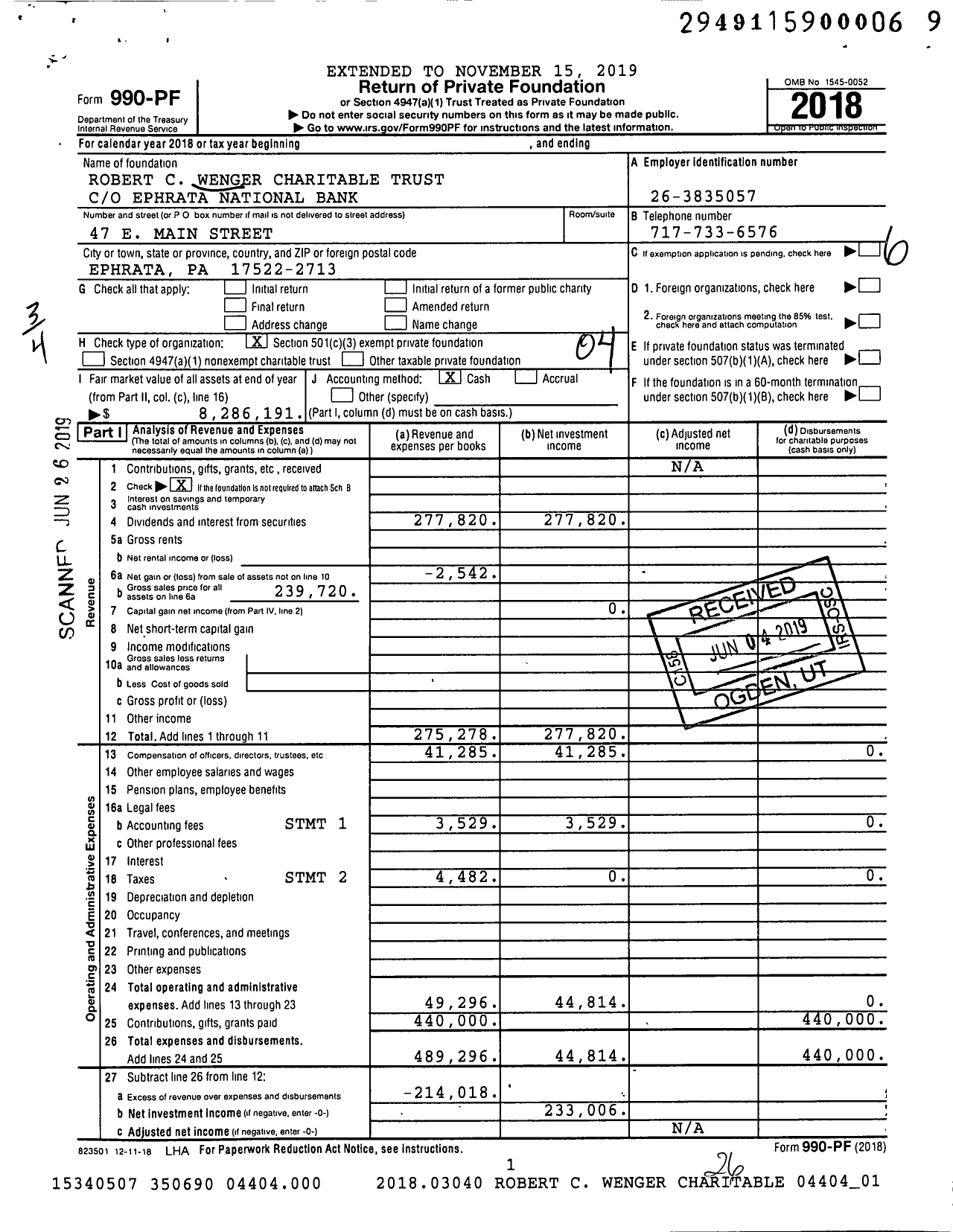 Image of first page of 2018 Form 990PF for Robert C Wenger Charitable Trust