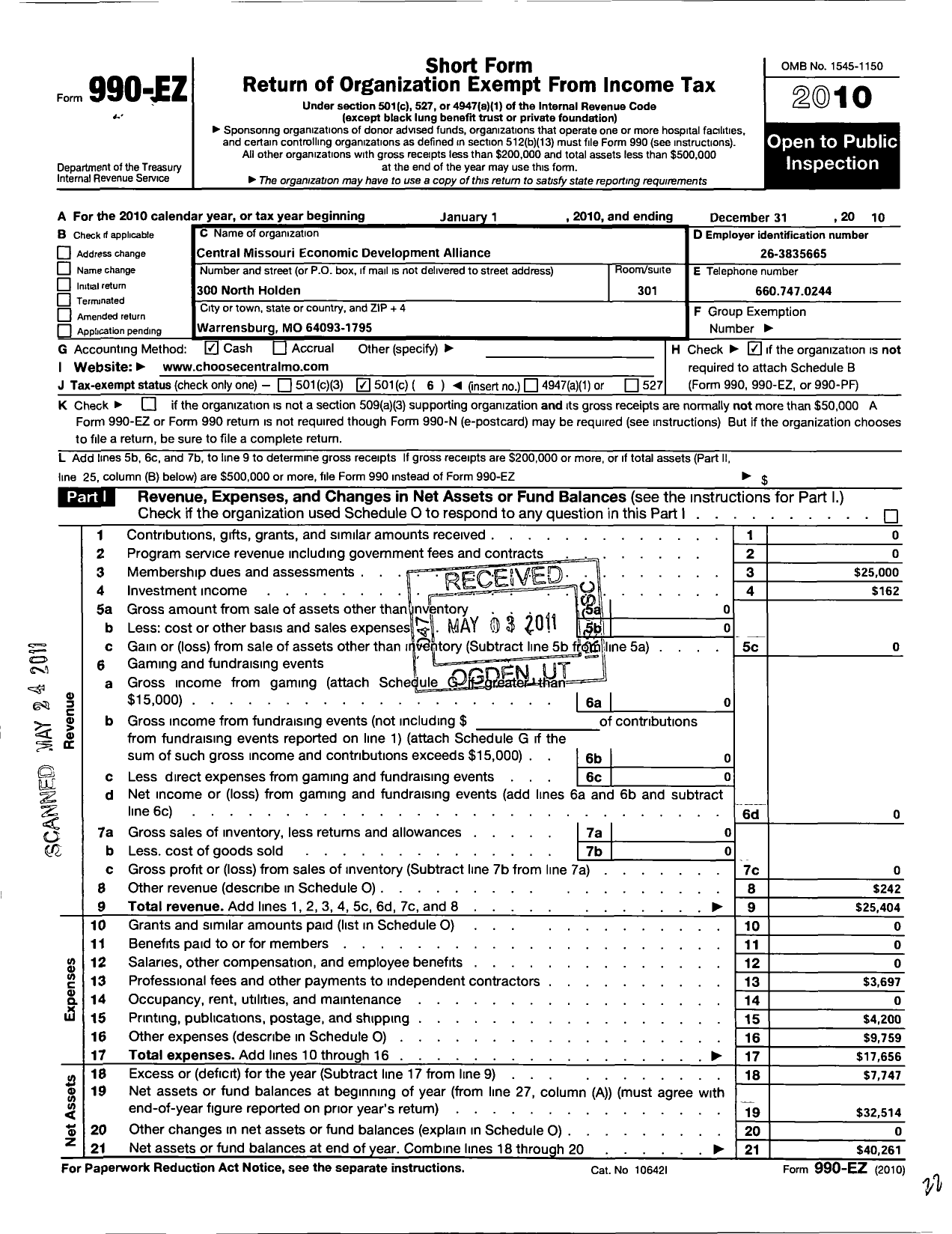 Image of first page of 2010 Form 990EO for Central Missouri Economic Development Alliance